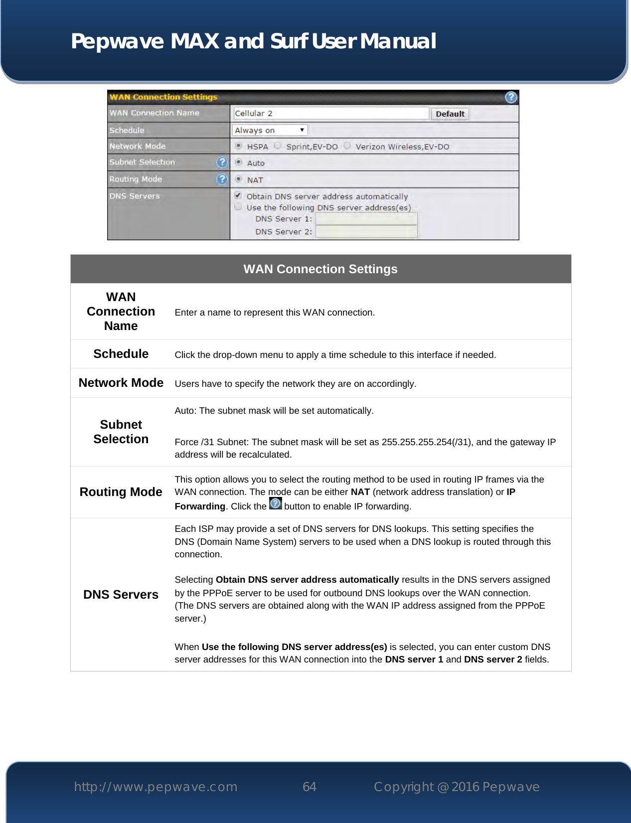  Pepwave MAX and Surf User Manual http://www.pepwave.com 64   Copyright @ 2016 Pepwave     WAN Connection Settings WAN Connection Name Enter a name to represent this WAN connection. Schedule Click the drop-down menu to apply a time schedule to this interface if needed. Network Mode Users have to specify the network they are on accordingly. Subnet Selection Auto: The subnet mask will be set automatically.  Force /31 Subnet: The subnet mask will be set as 255.255.255.254(/31), and the gateway IP address will be recalculated. Routing Mode This option allows you to select the routing method to be used in routing IP frames via the WAN connection. The mode can be either NAT (network address translation) or IP Forwarding. Click the   button to enable IP forwarding. DNS Servers Each ISP may provide a set of DNS servers for DNS lookups. This setting specifies the DNS (Domain Name System) servers to be used when a DNS lookup is routed through this connection.   Selecting Obtain DNS server address automatically results in the DNS servers assigned by the PPPoE server to be used for outbound DNS lookups over the WAN connection.  (The DNS servers are obtained along with the WAN IP address assigned from the PPPoE server.)   When Use the following DNS server address(es) is selected, you can enter custom DNS server addresses for this WAN connection into the DNS server 1 and DNS server 2 fields.      