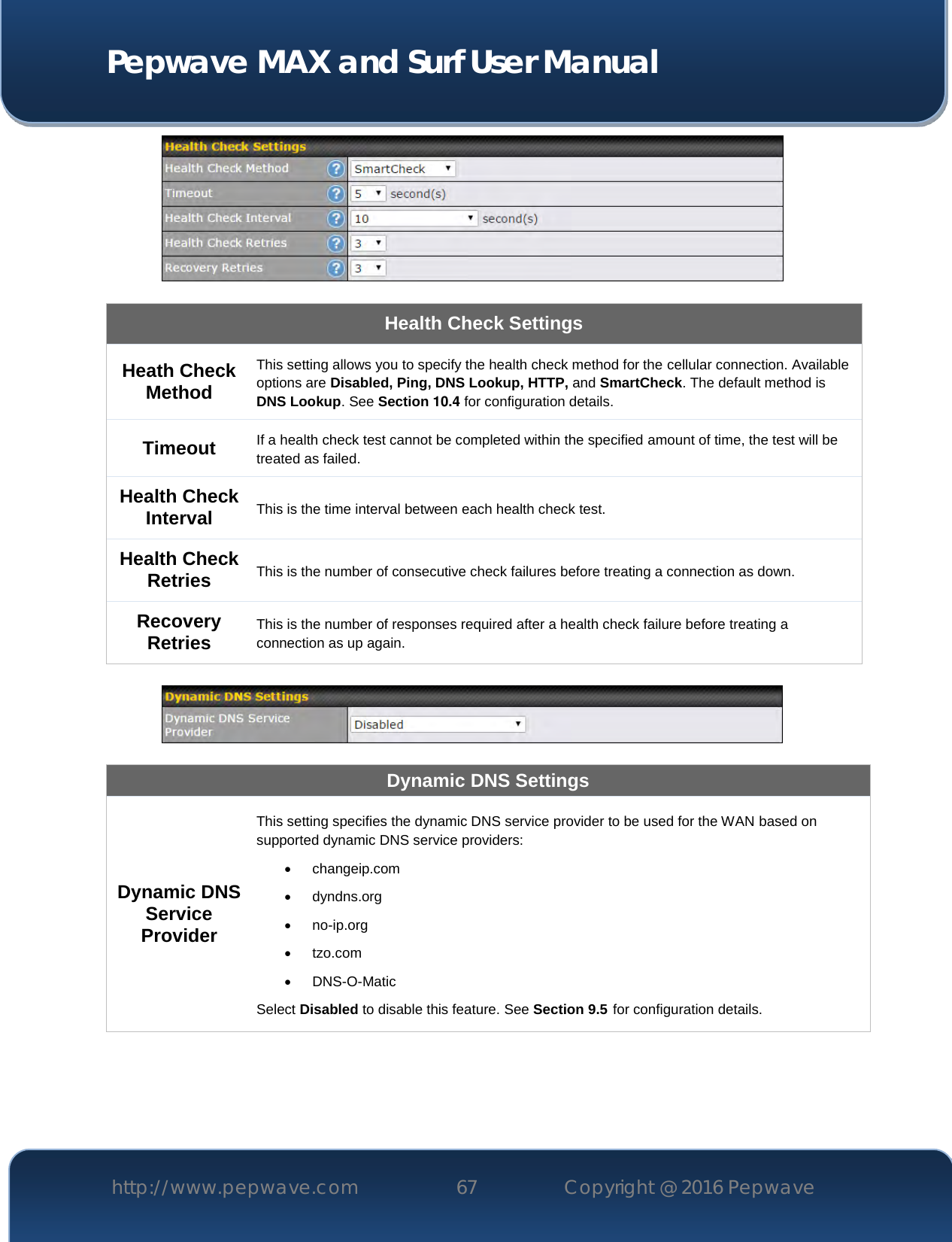  Pepwave MAX and Surf User Manual http://www.pepwave.com 67   Copyright @ 2016 Pepwave     Health Check Settings Heath Check Method This setting allows you to specify the health check method for the cellular connection. Available options are Disabled, Ping, DNS Lookup, HTTP, and SmartCheck. The default method is DNS Lookup. See Section 10.4 for configuration details. Timeout If a health check test cannot be completed within the specified amount of time, the test will be treated as failed. Health Check Interval This is the time interval between each health check test. Health Check Retries This is the number of consecutive check failures before treating a connection as down. Recovery Retries This is the number of responses required after a health check failure before treating a connection as up again.    Dynamic DNS Settings Dynamic DNS Service Provider This setting specifies the dynamic DNS service provider to be used for the WAN based on supported dynamic DNS service providers:  changeip.com  dyndns.org  no-ip.org  tzo.com  DNS-O-Matic Select Disabled to disable this feature. See Section 9.5 for configuration details.      