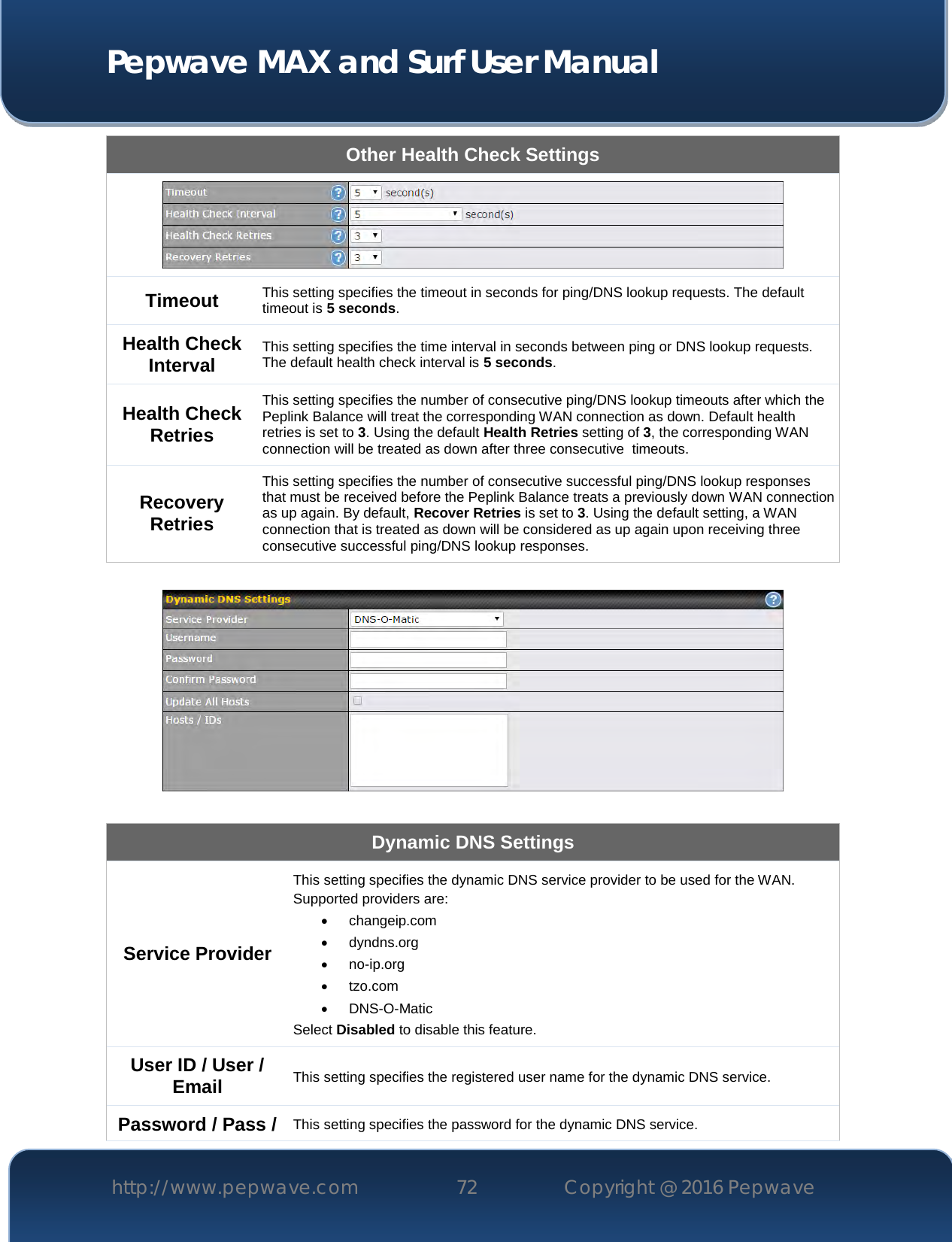  Pepwave MAX and Surf User Manual http://www.pepwave.com 72   Copyright @ 2016 Pepwave   Other Health Check Settings  Timeout This setting specifies the timeout in seconds for ping/DNS lookup requests. The default timeout is 5 seconds. Health Check Interval This setting specifies the time interval in seconds between ping or DNS lookup requests. The default health check interval is 5 seconds. Health Check Retries This setting specifies the number of consecutive ping/DNS lookup timeouts after which the Peplink Balance will treat the corresponding WAN connection as down. Default health retries is set to 3. Using the default Health Retries setting of 3, the corresponding WAN connection will be treated as down after three consecutive  timeouts. Recovery Retries This setting specifies the number of consecutive successful ping/DNS lookup responses that must be received before the Peplink Balance treats a previously down WAN connection as up again. By default, Recover Retries is set to 3. Using the default setting, a WAN connection that is treated as down will be considered as up again upon receiving three consecutive successful ping/DNS lookup responses.    Dynamic DNS Settings Service Provider This setting specifies the dynamic DNS service provider to be used for the WAN. Supported providers are:  changeip.com  dyndns.org  no-ip.org  tzo.com  DNS-O-Matic Select Disabled to disable this feature. User ID / User / Email This setting specifies the registered user name for the dynamic DNS service. Password / Pass / This setting specifies the password for the dynamic DNS service. 