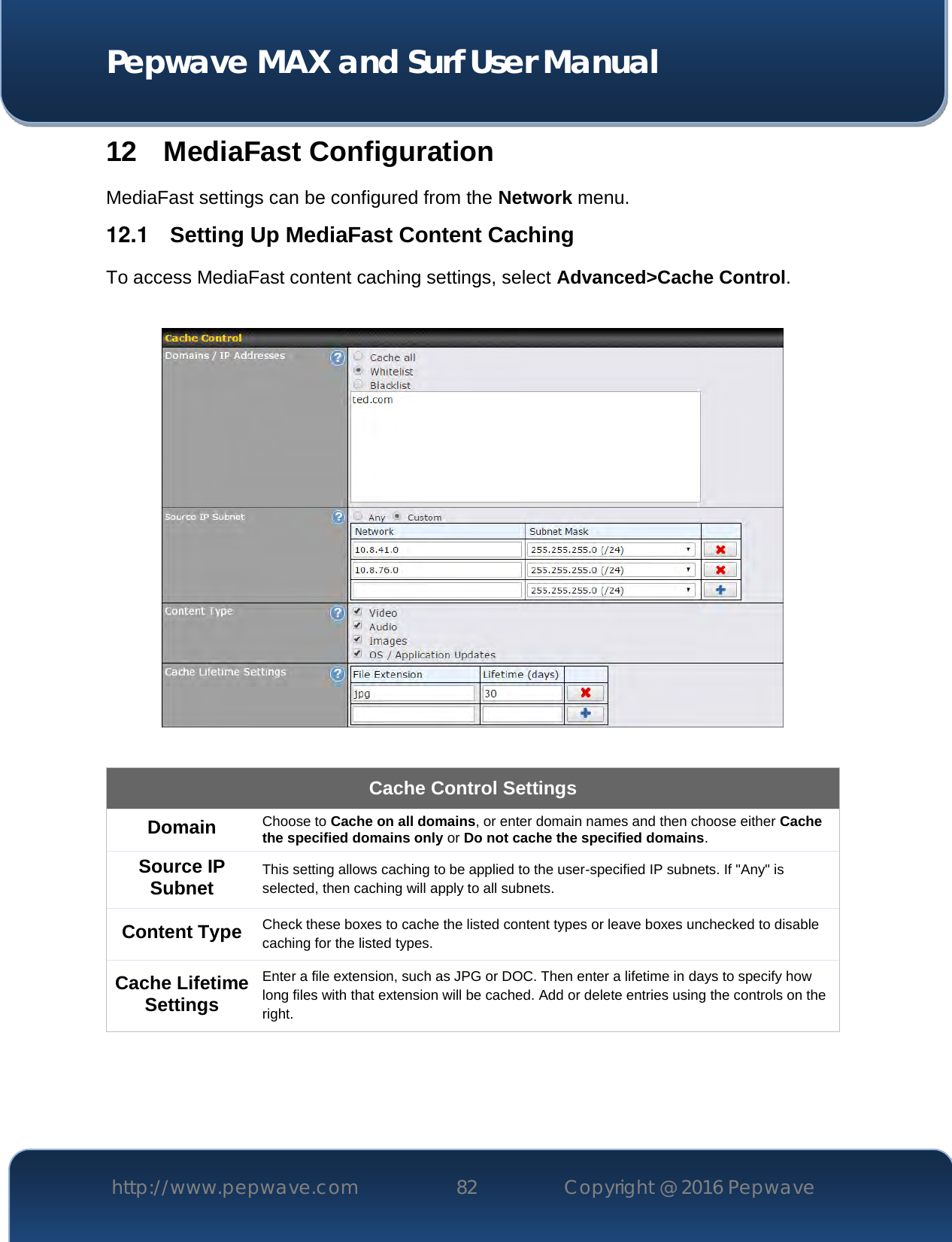  Pepwave MAX and Surf User Manual http://www.pepwave.com 82   Copyright @ 2016 Pepwave   12 MediaFast Configuration MediaFast settings can be configured from the Network menu. 12.1   Setting Up MediaFast Content Caching To access MediaFast content caching settings, select Advanced&gt;Cache Control.    Cache Control Settings Domain Choose to Cache on all domains, or enter domain names and then choose either Cache the specified domains only or Do not cache the specified domains. Source IP Subnet This setting allows caching to be applied to the user-specified IP subnets. If &quot;Any&quot; is selected, then caching will apply to all subnets. Content Type Check these boxes to cache the listed content types or leave boxes unchecked to disable caching for the listed types. Cache Lifetime Settings Enter a file extension, such as JPG or DOC. Then enter a lifetime in days to specify how long files with that extension will be cached. Add or delete entries using the controls on the right.    