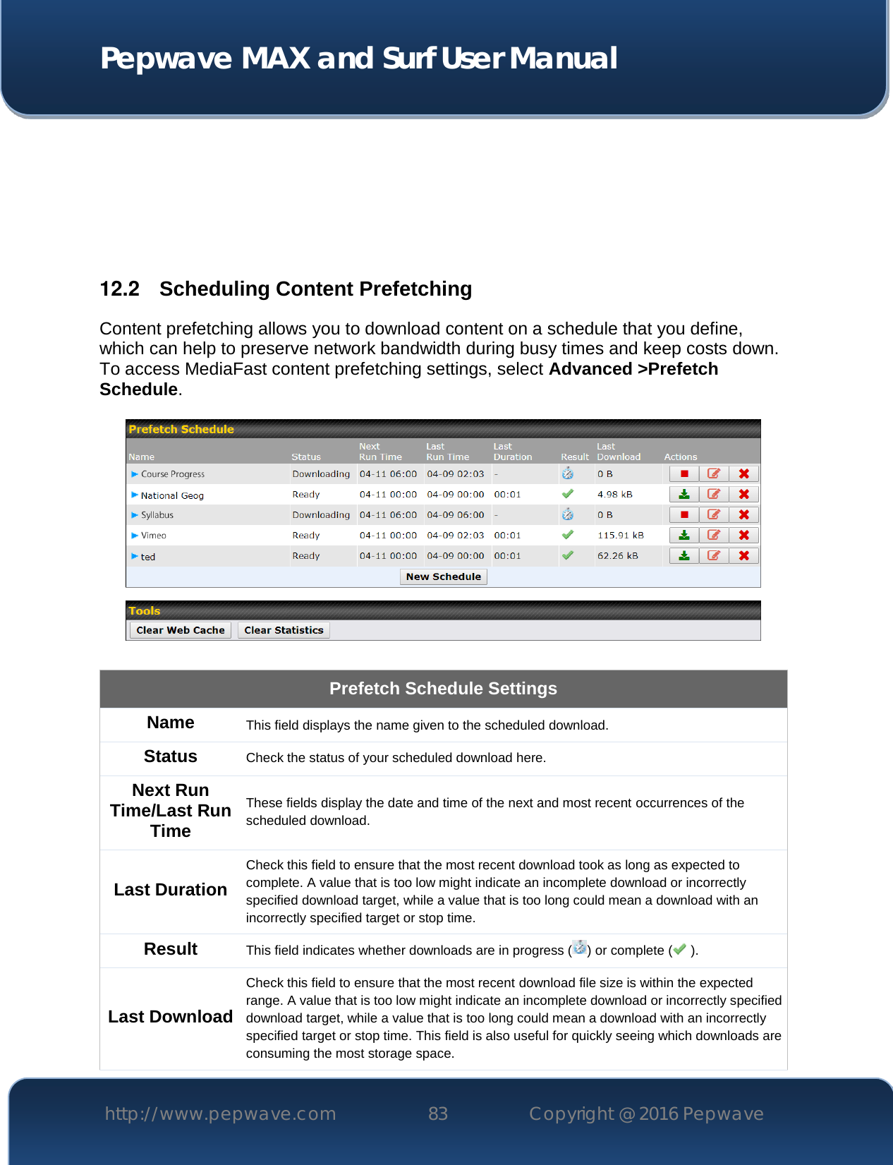  Pepwave MAX and Surf User Manual http://www.pepwave.com 83   Copyright @ 2016 Pepwave        12.2   Scheduling Content Prefetching Content prefetching allows you to download content on a schedule that you define, which can help to preserve network bandwidth during busy times and keep costs down. To access MediaFast content prefetching settings, select Advanced &gt;Prefetch Schedule.    Prefetch Schedule Settings Name This field displays the name given to the scheduled download. Status Check the status of your scheduled download here. Next Run Time/Last Run Time These fields display the date and time of the next and most recent occurrences of the scheduled download. Last Duration Check this field to ensure that the most recent download took as long as expected to complete. A value that is too low might indicate an incomplete download or incorrectly specified download target, while a value that is too long could mean a download with an incorrectly specified target or stop time. Result This field indicates whether downloads are in progress ( ) or complete (  ). Last Download Check this field to ensure that the most recent download file size is within the expected range. A value that is too low might indicate an incomplete download or incorrectly specified download target, while a value that is too long could mean a download with an incorrectly specified target or stop time. This field is also useful for quickly seeing which downloads are consuming the most storage space. 