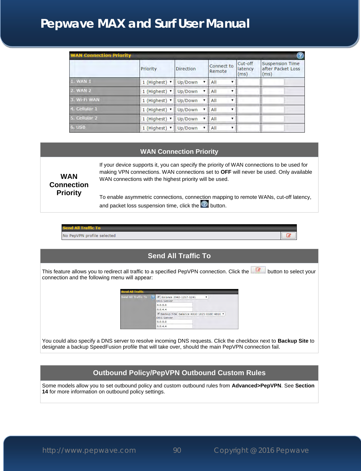  Pepwave MAX and Surf User Manual http://www.pepwave.com 90   Copyright @ 2016 Pepwave    8.41   WAN Connection Priority WAN Connection Priority If your device supports it, you can specify the priority of WAN connections to be used for making VPN connections. WAN connections set to OFF will never be used. Only available WAN connections with the highest priority will be used.   To enable asymmetric connections, connection mapping to remote WANs, cut-off latency, and packet loss suspension time, click the   button.    Send All Traffic To This feature allows you to redirect all traffic to a specified PepVPN connection. Click the   button to select your connection and the following menu will appear:    You could also specify a DNS server to resolve incoming DNS requests. Click the checkbox next to Backup Site to designate a backup SpeedFusion profile that will take over, should the main PepVPN connection fail.  Outbound Policy/PepVPN Outbound Custom Rules Some models allow you to set outbound policy and custom outbound rules from Advanced&gt;PepVPN. See Section 14 for more information on outbound policy settings.   