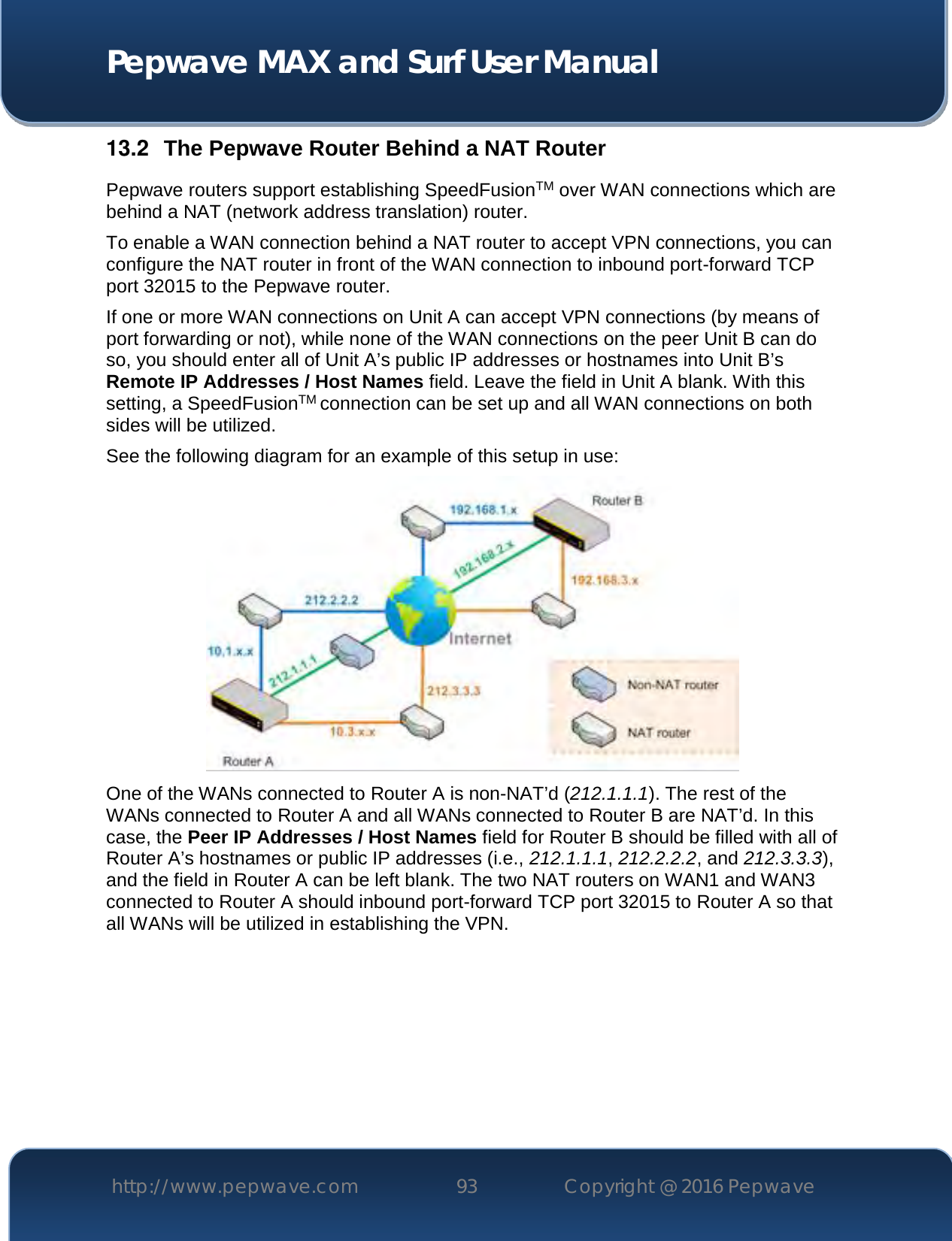  Pepwave MAX and Surf User Manual http://www.pepwave.com 93   Copyright @ 2016 Pepwave   13.2  The Pepwave Router Behind a NAT Router Pepwave routers support establishing SpeedFusionTM over WAN connections which are behind a NAT (network address translation) router. To enable a WAN connection behind a NAT router to accept VPN connections, you can configure the NAT router in front of the WAN connection to inbound port-forward TCP port 32015 to the Pepwave router. If one or more WAN connections on Unit A can accept VPN connections (by means of port forwarding or not), while none of the WAN connections on the peer Unit B can do so, you should enter all of Unit A’s public IP addresses or hostnames into Unit B’s Remote IP Addresses / Host Names field. Leave the field in Unit A blank. With this setting, a SpeedFusionTM connection can be set up and all WAN connections on both sides will be utilized. See the following diagram for an example of this setup in use:  One of the WANs connected to Router A is non-NAT’d (212.1.1.1). The rest of the WANs connected to Router A and all WANs connected to Router B are NAT’d. In this case, the Peer IP Addresses / Host Names field for Router B should be filled with all of Router A’s hostnames or public IP addresses (i.e., 212.1.1.1, 212.2.2.2, and 212.3.3.3), and the field in Router A can be left blank. The two NAT routers on WAN1 and WAN3 connected to Router A should inbound port-forward TCP port 32015 to Router A so that all WANs will be utilized in establishing the VPN.       