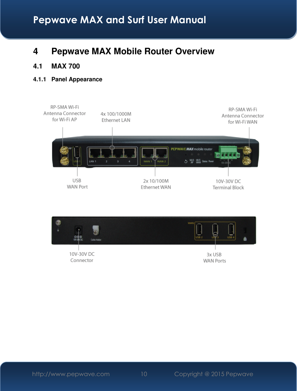  Pepwave MAX and Surf User Manual http://www.pepwave.com  10    Copyright @ 2015 Pepwave   4  Pepwave MAX Mobile Router Overview 4.1 MAX 700 4.1.1 Panel Appearance       