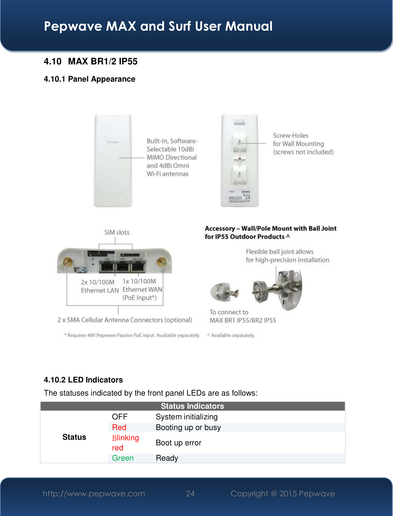  Pepwave MAX and Surf User Manual http://www.pepwave.com  24    Copyright @ 2015 Pepwave   4.10 MAX BR1/2 IP55 4.10.1 Panel Appearance  4.10.2 LED Indicators The statuses indicated by the front panel LEDs are as follows: Status Indicators Status OFF   System initializing Red  Booting up or busy Blinking red  Boot up error Green  Ready   