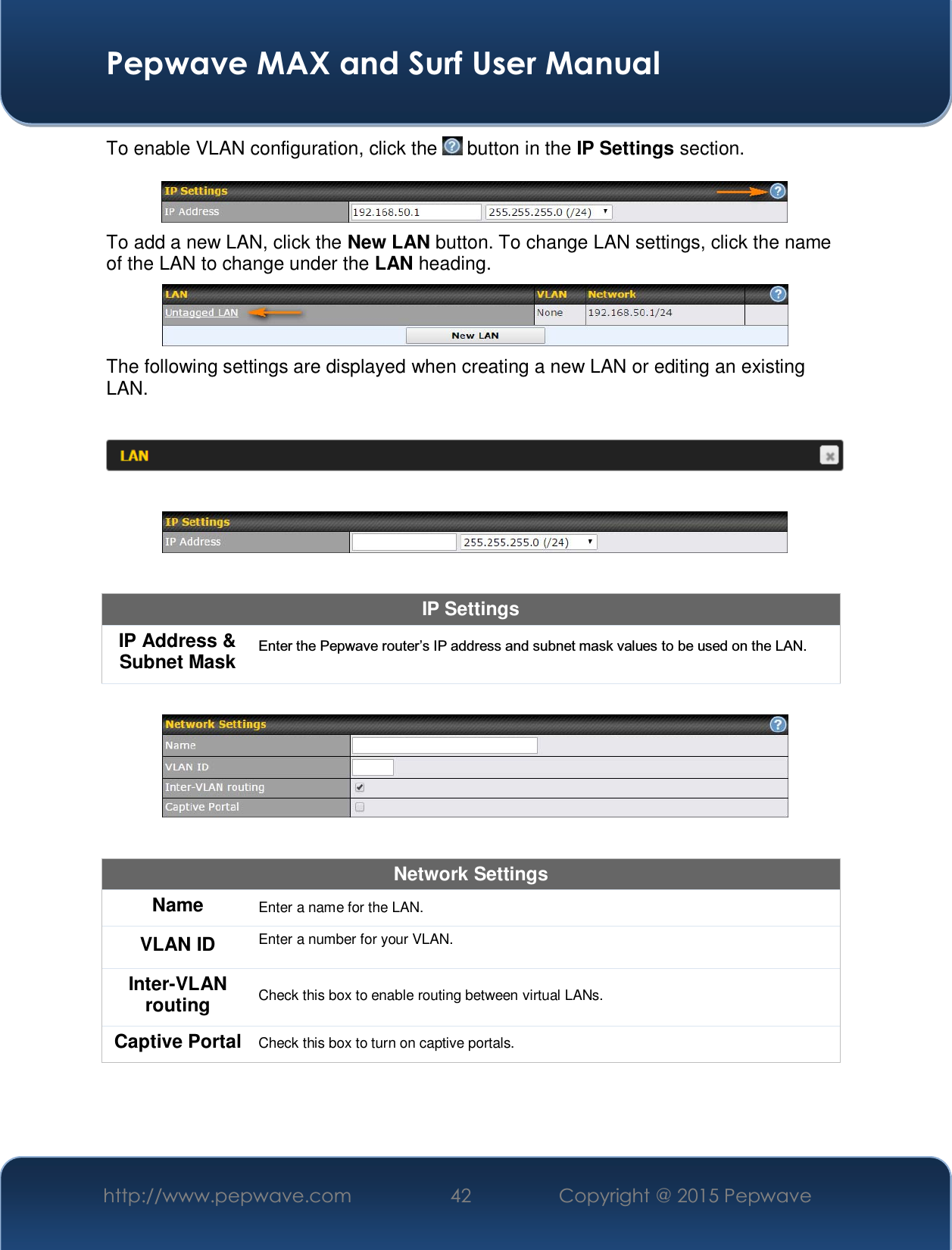  Pepwave MAX and Surf User Manual http://www.pepwave.com  42    Copyright @ 2015 Pepwave   To enable VLAN configuration, click the   button in the IP Settings section.    To add a new LAN, click the New LAN button. To change LAN settings, click the name of the LAN to change under the LAN heading.  The following settings are displayed when creating a new LAN or editing an existing LAN.      IP Settings IP Address &amp; Subnet Mask  (QWHUWKH3HSZDYHURXWHU¶V,3DGGUHVVDQGVXEQHWPDVNYDOXHVWREHXVHGRQWKH/$1    Network Settings Name  Enter a name for the LAN. VLAN ID  Enter a number for your VLAN. Inter-VLAN routing  Check this box to enable routing between virtual LANs. Captive Portal  Check this box to turn on captive portals.   