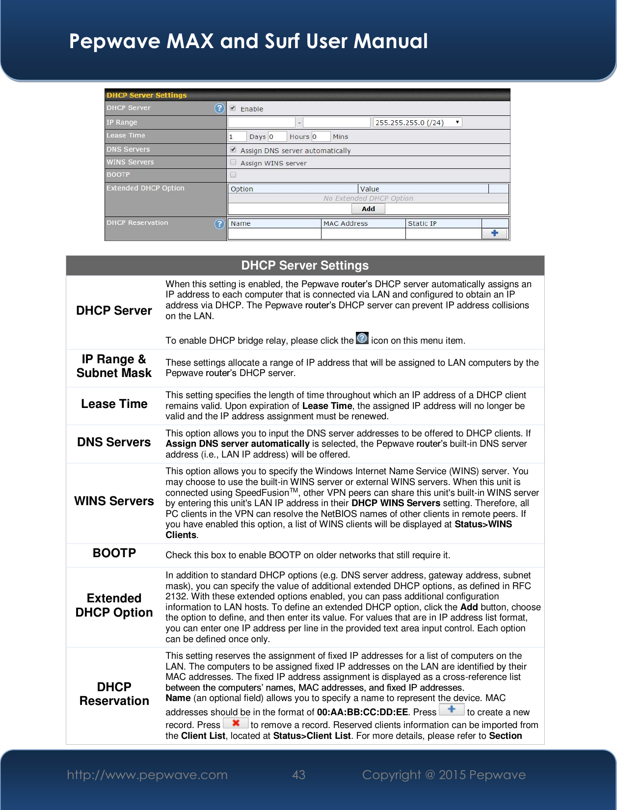  Pepwave MAX and Surf User Manual http://www.pepwave.com  43    Copyright @ 2015 Pepwave     DHCP Server Settings DHCP Server When this setting is enabled, the Pepwave URXWHU¶VDHCP server automatically assigns an IP address to each computer that is connected via LAN and configured to obtain an IP address via DHCP. The Pepwave URXWHU¶VDHCP server can prevent IP address collisions on the LAN.   To enable DHCP bridge relay, please click the   icon on this menu item. IP Range &amp; Subnet Mask These settings allocate a range of IP address that will be assigned to LAN computers by the Pepwave URXWHU¶VDHCP server. Lease Time  This setting specifies the length of time throughout which an IP address of a DHCP client remains valid. Upon expiration of Lease Time, the assigned IP address will no longer be valid and the IP address assignment must be renewed. DNS Servers  This option allows you to input the DNS server addresses to be offered to DHCP clients. If Assign DNS server automatically is selected, the Pepwave URXWHU¶Vbuilt-in DNS server address (i.e., LAN IP address) will be offered. WINS Servers This option allows you to specify the Windows Internet Name Service (WINS) server. You may choose to use the built-in WINS server or external WINS servers. When this unit is connected using SpeedFusionTM, other VPN peers can share this unit&apos;s built-in WINS server by entering this unit&apos;s LAN IP address in their DHCP WINS Servers setting. Therefore, all PC clients in the VPN can resolve the NetBIOS names of other clients in remote peers. If you have enabled this option, a list of WINS clients will be displayed at Status&gt;WINS Clients. BOOTP  Check this box to enable BOOTP on older networks that still require it. Extended DHCP Option In addition to standard DHCP options (e.g. DNS server address, gateway address, subnet mask), you can specify the value of additional extended DHCP options, as defined in RFC 2132. With these extended options enabled, you can pass additional configuration information to LAN hosts. To define an extended DHCP option, click the Add button, choose the option to define, and then enter its value. For values that are in IP address list format, you can enter one IP address per line in the provided text area input control. Each option can be defined once only. DHCP Reservation This setting reserves the assignment of fixed IP addresses for a list of computers on the LAN. The computers to be assigned fixed IP addresses on the LAN are identified by their MAC addresses. The fixed IP address assignment is displayed as a cross-reference list EHWZHHQWKHFRPSXWHUV¶QDPHV0$&amp;DGGUHVVHVDQGIL[HG,3DGGUHVVHV Name (an optional field) allows you to specify a name to represent the device. MAC addresses should be in the format of 00:AA:BB:CC:DD:EE. Press   to create a new record. Press   to remove a record. Reserved clients information can be imported from the Client List, located at Status&gt;Client List. For more details, please refer to Section 