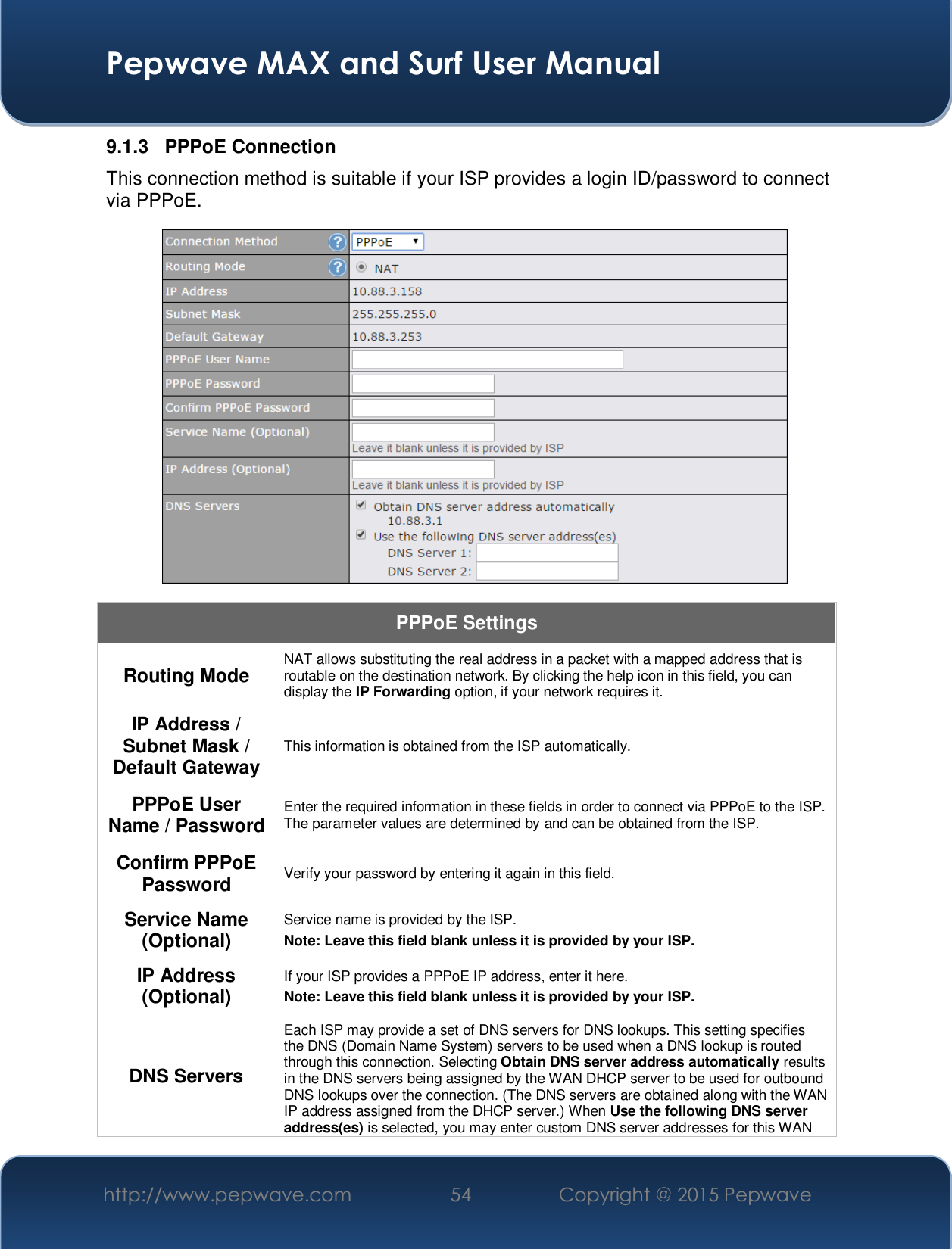  Pepwave MAX and Surf User Manual http://www.pepwave.com  54    Copyright @ 2015 Pepwave   9.1.3 PPPoE Connection This connection method is suitable if your ISP provides a login ID/password to connect via PPPoE.  PPPoE SettingsRouting Mode  NAT allows substituting the real address in a packet with a mapped address that is routable on the destination network. By clicking the help icon in this field, you can display the IP Forwarding option, if your network requires it. IP Address / Subnet Mask / Default Gateway This information is obtained from the ISP automatically. PPPoE User Name / Password  Enter the required information in these fields in order to connect via PPPoE to the ISP. The parameter values are determined by and can be obtained from the ISP. Confirm PPPoE Password  Verify your password by entering it again in this field. Service Name (Optional) Service name is provided by the ISP. Note: Leave this field blank unless it is provided by your ISP.  IP Address (Optional) If your ISP provides a PPPoE IP address, enter it here. Note: Leave this field blank unless it is provided by your ISP.  DNS Servers Each ISP may provide a set of DNS servers for DNS lookups. This setting specifies the DNS (Domain Name System) servers to be used when a DNS lookup is routed through this connection. Selecting Obtain DNS server address automatically results in the DNS servers being assigned by the WAN DHCP server to be used for outbound DNS lookups over the connection. (The DNS servers are obtained along with the WAN IP address assigned from the DHCP server.) When Use the following DNS server address(es) is selected, you may enter custom DNS server addresses for this WAN 