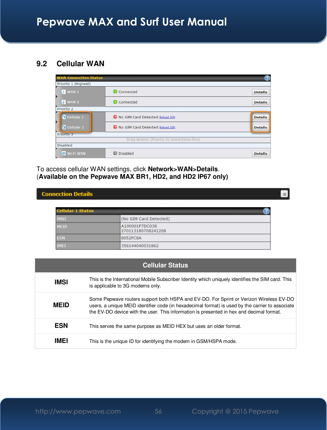  Pepwave MAX and Surf User Manual http://www.pepwave.com  56    Copyright @ 2015 Pepwave    9.2 Cellular WAN   To access cellular WAN settings, click Network&gt;WAN&gt;Details. (Available on the Pepwave MAX BR1, HD2, and HD2 IP67 only)      Cellular Status IMSI This is the International Mobile Subscriber Identity which uniquely identifies the SIM card. This is applicable to 3G modems only. MEID Some Pepwave routers support both HSPA and EV-DO. For Sprint or Verizon Wireless EV-DO users, a unique MEID identifier code (in hexadecimal format) is used by the carrier to associate the EV-DO device with the user. This information is presented in hex and decimal format. ESN This serves the same purpose as MEID HEX but uses an older format. IMEI This is the unique ID for identifying the modem in GSM/HSPA mode.  