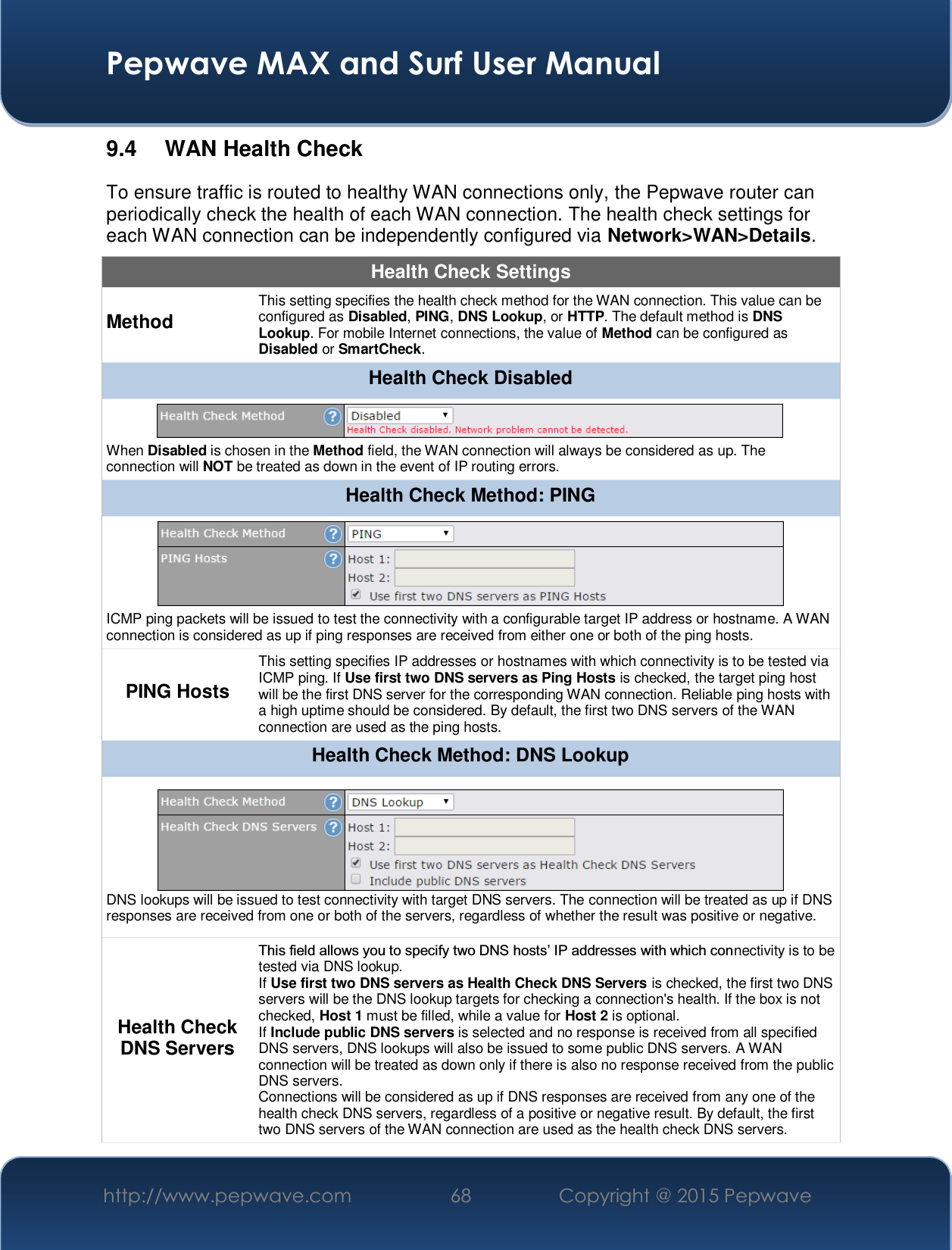  Pepwave MAX and Surf User Manual http://www.pepwave.com  68    Copyright @ 2015 Pepwave   9.4 WAN Health Check To ensure traffic is routed to healthy WAN connections only, the Pepwave router can periodically check the health of each WAN connection. The health check settings for each WAN connection can be independently configured via Network&gt;WAN&gt;Details. Health Check Settings Method This setting specifies the health check method for the WAN connection. This value can be configured as Disabled, PING, DNS Lookup, or HTTP. The default method is DNS Lookup. For mobile Internet connections, the value of Method can be configured as Disabled or SmartCheck. Health Check Disabled  When Disabled is chosen in the Method field, the WAN connection will always be considered as up. The connection will NOT be treated as down in the event of IP routing errors. Health Check Method: PING  ICMP ping packets will be issued to test the connectivity with a configurable target IP address or hostname. A WAN connection is considered as up if ping responses are received from either one or both of the ping hosts. PING Hosts This setting specifies IP addresses or hostnames with which connectivity is to be tested via ICMP ping. If Use first two DNS servers as Ping Hosts is checked, the target ping host will be the first DNS server for the corresponding WAN connection. Reliable ping hosts with a high uptime should be considered. By default, the first two DNS servers of the WAN connection are used as the ping hosts. Health Check Method: DNS Lookup  DNS lookups will be issued to test connectivity with target DNS servers. The connection will be treated as up if DNS responses are received from one or both of the servers, regardless of whether the result was positive or negative. Health Check DNS Servers 7KLVILHOGDOORZV\RXWRVSHFLI\WZR&apos;16KRVWV¶,3DGGUHVVHVZLWKZKLFKFRQnectivity is to be tested via DNS lookup. If Use first two DNS servers as Health Check DNS Servers is checked, the first two DNS servers will be the DNS lookup targets for checking a connection&apos;s health. If the box is not checked, Host 1 must be filled, while a value for Host 2 is optional. If Include public DNS servers is selected and no response is received from all specified DNS servers, DNS lookups will also be issued to some public DNS servers. A WAN connection will be treated as down only if there is also no response received from the public DNS servers. Connections will be considered as up if DNS responses are received from any one of the health check DNS servers, regardless of a positive or negative result. By default, the first two DNS servers of the WAN connection are used as the health check DNS servers. 