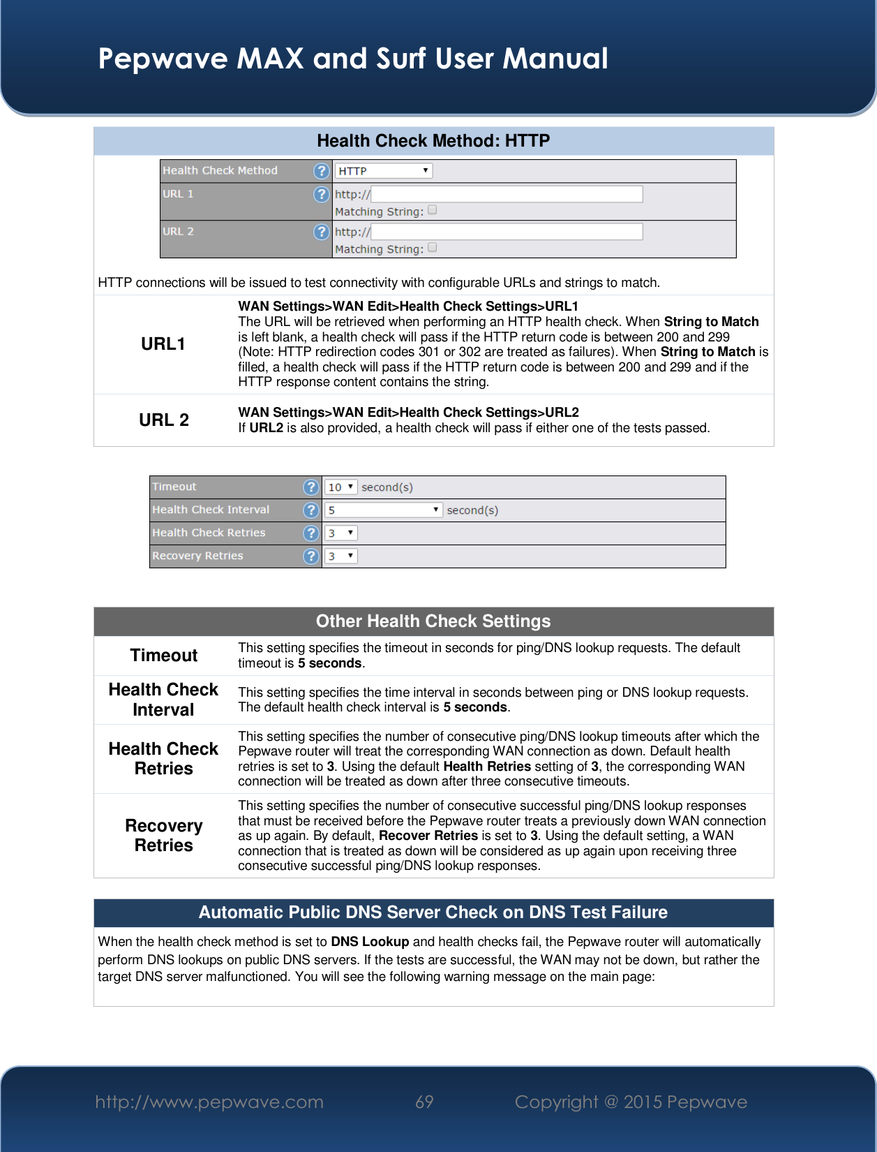  Pepwave MAX and Surf User Manual http://www.pepwave.com  69    Copyright @ 2015 Pepwave   Health Check Method: HTTP  HTTP connections will be issued to test connectivity with configurable URLs and strings to match. URL1 WAN Settings&gt;WAN Edit&gt;Health Check Settings&gt;URL1 The URL will be retrieved when performing an HTTP health check. When String to Match is left blank, a health check will pass if the HTTP return code is between 200 and 299 (Note: HTTP redirection codes 301 or 302 are treated as failures). When String to Match is filled, a health check will pass if the HTTP return code is between 200 and 299 and if the HTTP response content contains the string. URL 2  WAN Settings&gt;WAN Edit&gt;Health Check Settings&gt;URL2 If URL2 is also provided, a health check will pass if either one of the tests passed.    Other Health Check Settings Timeout  This setting specifies the timeout in seconds for ping/DNS lookup requests. The default timeout is 5 seconds. Health Check Interval  This setting specifies the time interval in seconds between ping or DNS lookup requests. The default health check interval is 5 seconds. Health Check Retries This setting specifies the number of consecutive ping/DNS lookup timeouts after which the Pepwave router will treat the corresponding WAN connection as down. Default health retries is set to 3. Using the default Health Retries setting of 3, the corresponding WAN connection will be treated as down after three consecutive timeouts. Recovery Retries This setting specifies the number of consecutive successful ping/DNS lookup responses that must be received before the Pepwave router treats a previously down WAN connection as up again. By default, Recover Retries is set to 3. Using the default setting, a WAN connection that is treated as down will be considered as up again upon receiving three consecutive successful ping/DNS lookup responses.  Automatic Public DNS Server Check on DNS Test Failure When the health check method is set to DNS Lookup and health checks fail, the Pepwave router will automatically perform DNS lookups on public DNS servers. If the tests are successful, the WAN may not be down, but rather the target DNS server malfunctioned. You will see the following warning message on the main page:  