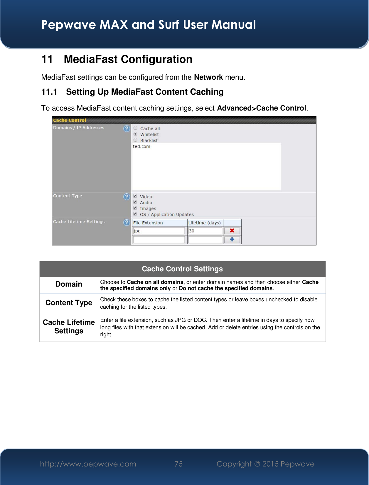  Pepwave MAX and Surf User Manual http://www.pepwave.com  75    Copyright @ 2015 Pepwave   11 MediaFast Configuration MediaFast settings can be configured from the Network menu. 11.1   Setting Up MediaFast Content Caching To access MediaFast content caching settings, select Advanced&gt;Cache Control.   Cache Control Settings Domain  Choose to Cache on all domains, or enter domain names and then choose either Cache the specified domains only or Do not cache the specified domains. Content Type  Check these boxes to cache the listed content types or leave boxes unchecked to disable caching for the listed types. Cache Lifetime Settings Enter a file extension, such as JPG or DOC. Then enter a lifetime in days to specify how long files with that extension will be cached. Add or delete entries using the controls on the right.         