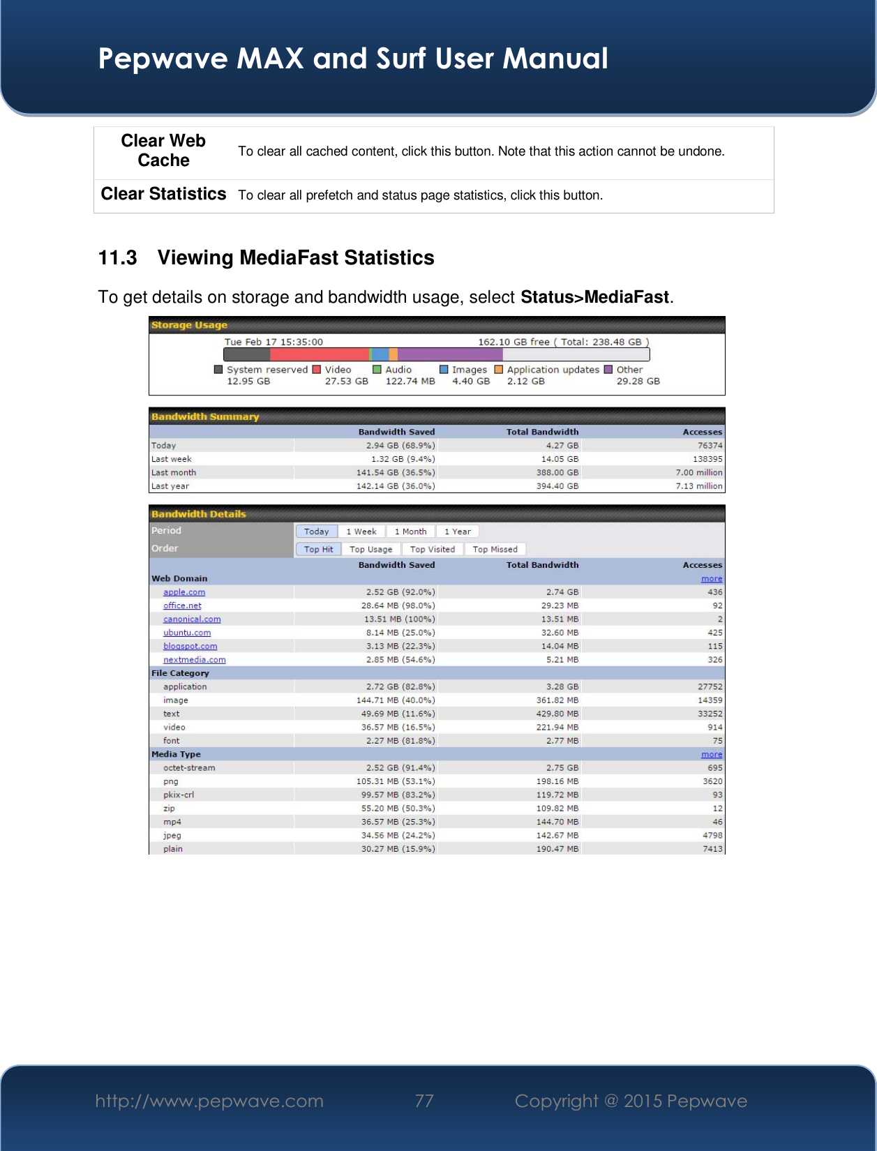  Pepwave MAX and Surf User Manual http://www.pepwave.com  77    Copyright @ 2015 Pepwave   Clear Web Cache  To clear all cached content, click this button. Note that this action cannot be undone. Clear Statistics  To clear all prefetch and status page statistics, click this button.  11.3   Viewing MediaFast Statistics To get details on storage and bandwidth usage, select Status&gt;MediaFast.         