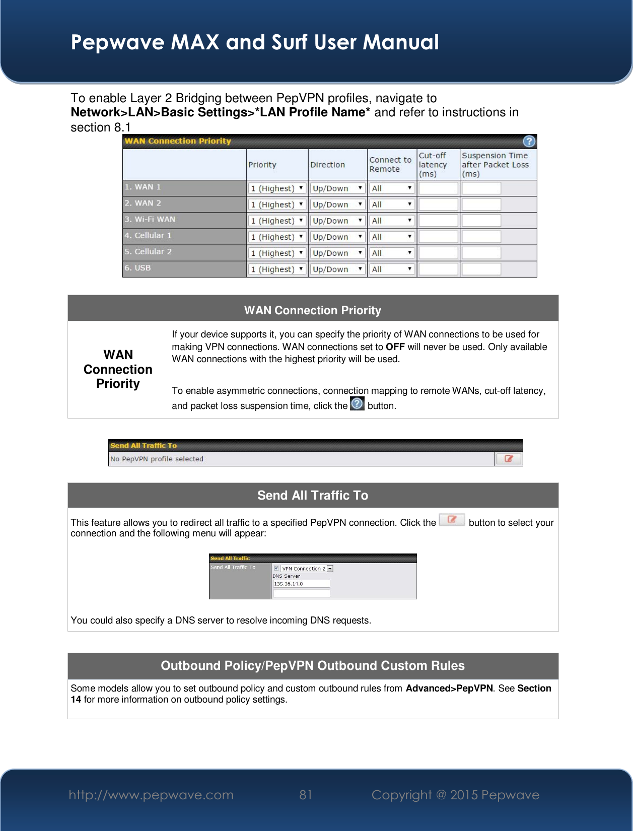  Pepwave MAX and Surf User Manual http://www.pepwave.com  81    Copyright @ 2015 Pepwave   To enable Layer 2 Bridging between PepVPN profiles, navigate to Network&gt;LAN&gt;Basic Settings&gt;*LAN Profile Name* and refer to instructions in section 8.1  8.41   WAN Connection Priority WAN Connection Priority If your device supports it, you can specify the priority of WAN connections to be used for making VPN connections. WAN connections set to OFF will never be used. Only available WAN connections with the highest priority will be used.   To enable asymmetric connections, connection mapping to remote WANs, cut-off latency, and packet loss suspension time, click the   button.    Send All Traffic To This feature allows you to redirect all traffic to a specified PepVPN connection. Click the   button to select your connection and the following menu will appear:    You could also specify a DNS server to resolve incoming DNS requests.  Outbound Policy/PepVPN Outbound Custom Rules Some models allow you to set outbound policy and custom outbound rules from Advanced&gt;PepVPN. See Section 14 for more information on outbound policy settings.   