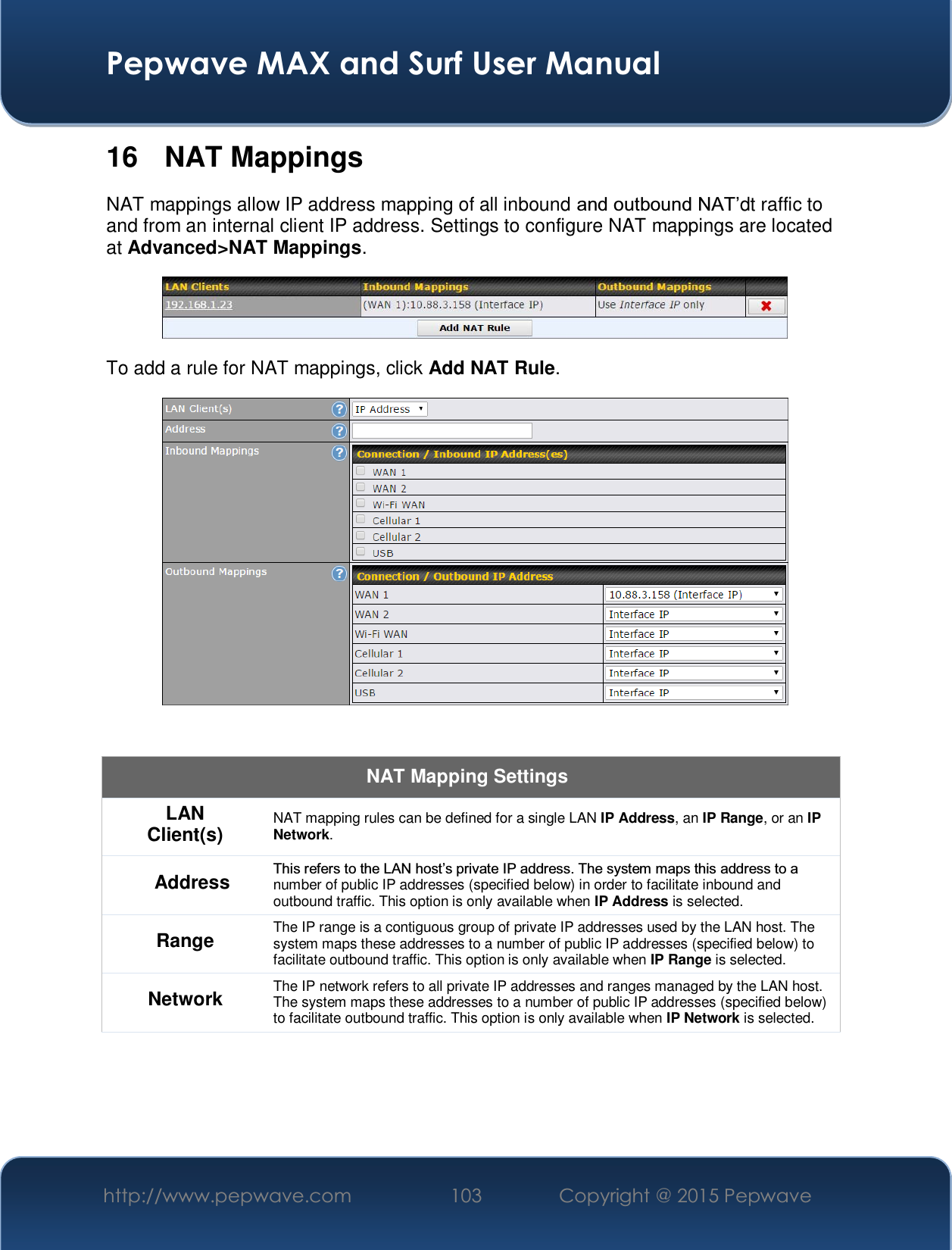  Pepwave MAX and Surf User Manual http://www.pepwave.com  103    Copyright @ 2015 Pepwave   16 NAT Mappings NAT mappings allow IP address mapping of all inbound DQGRXWERXQG1$7¶dt raffic to and from an internal client IP address. Settings to configure NAT mappings are located at Advanced&gt;NAT Mappings.  To add a rule for NAT mappings, click Add NAT Rule.   NAT Mapping Settings LAN Client(s) NAT mapping rules can be defined for a single LAN IP Address, an IP Range, or an IP Network. Address 7KLVUHIHUVWRWKH/$1KRVW¶VSULYDWH,3DGGUHVV7KHV\VWHPPDSVWKLVDGGUHVVWRDnumber of public IP addresses (specified below) in order to facilitate inbound and outbound traffic. This option is only available when IP Address is selected. Range The IP range is a contiguous group of private IP addresses used by the LAN host. The system maps these addresses to a number of public IP addresses (specified below) to facilitate outbound traffic. This option is only available when IP Range is selected. Network The IP network refers to all private IP addresses and ranges managed by the LAN host. The system maps these addresses to a number of public IP addresses (specified below) to facilitate outbound traffic. This option is only available when IP Network is selected. 