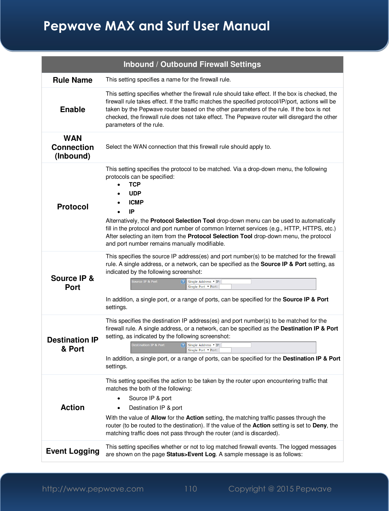  Pepwave MAX and Surf User Manual http://www.pepwave.com  110    Copyright @ 2015 Pepwave   Inbound / Outbound Firewall Settings Rule Name  This setting specifies a name for the firewall rule. Enable This setting specifies whether the firewall rule should take effect. If the box is checked, the firewall rule takes effect. If the traffic matches the specified protocol/IP/port, actions will be taken by the Pepwave router based on the other parameters of the rule. If the box is not checked, the firewall rule does not take effect. The Pepwave router will disregard the other parameters of the rule. WAN Connection (Inbound) Select the WAN connection that this firewall rule should apply to. Protocol This setting specifies the protocol to be matched. Via a drop-down menu, the following protocols can be specified: x TCP x UDP x ICMP x IP  Alternatively, the Protocol Selection Tool drop-down menu can be used to automatically fill in the protocol and port number of common Internet services (e.g., HTTP, HTTPS, etc.)   After selecting an item from the Protocol Selection Tool drop-down menu, the protocol and port number remains manually modifiable.Source IP &amp; Port This specifies the source IP address(es) and port number(s) to be matched for the firewall rule. A single address, or a network, can be specified as the Source IP &amp; Port setting, as indicated by the following screenshot:  In addition, a single port, or a range of ports, can be specified for the Source IP &amp; Port settings. Destination IP &amp; Port This specifies the destination IP address(es) and port number(s) to be matched for the firewall rule. A single address, or a network, can be specified as the Destination IP &amp; Port setting, as indicated by the following screenshot:  In addition, a single port, or a range of ports, can be specified for the Destination IP &amp; Port settings. Action This setting specifies the action to be taken by the router upon encountering traffic that matches the both of the following:x  Source IP &amp; port x  Destination IP &amp; port With the value of Allow for the Action setting, the matching traffic passes through the router (to be routed to the destination). If the value of the Action setting is set to Deny, the matching traffic does not pass through the router (and is discarded). Event Logging  This setting specifies whether or not to log matched firewall events. The logged messages are shown on the page Status&gt;Event Log. A sample message is as follows: 