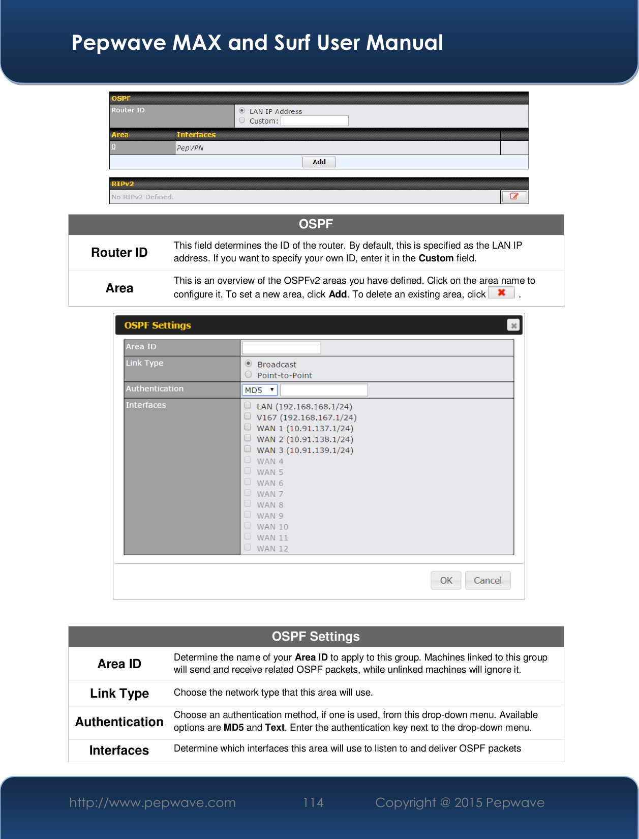  Pepwave MAX and Surf User Manual http://www.pepwave.com  114    Copyright @ 2015 Pepwave    OSPF Router ID  This field determines the ID of the router. By default, this is specified as the LAN IP address. If you want to specify your own ID, enter it in the Custom field. Area  This is an overview of the OSPFv2 areas you have defined. Click on the area name to configure it. To set a new area, click Add. To delete an existing area, click   .   OSPF Settings Area ID  Determine the name of your Area ID to apply to this group. Machines linked to this group will send and receive related OSPF packets, while unlinked machines will ignore it. Link Type  Choose the network type that this area will use.  Authentication  Choose an authentication method, if one is used, from this drop-down menu. Available options are MD5 and Text. Enter the authentication key next to the drop-down menu. Interfaces  Determine which interfaces this area will use to listen to and deliver OSPF packets 