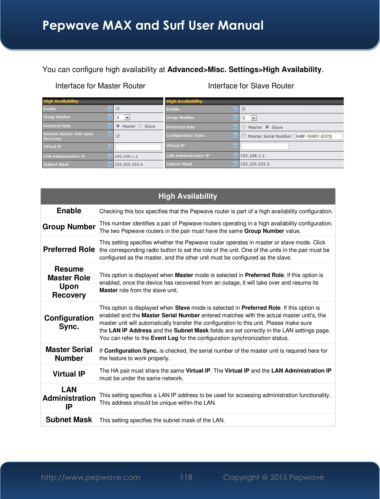  Pepwave MAX and Surf User Manual http://www.pepwave.com  118    Copyright @ 2015 Pepwave    You can configure high availability at Advanced&gt;Misc. Settings&gt;High Availability. Interface for Master Router Interface for Slave Router  High Availability Enable  Checking this box specifies that the Pepwave router is part of a high availability configuration. Group Number  This number identifies a pair of Pepwave routers operating in a high availability configuration. The two Pepwave routers in the pair must have the same Group Number value. Preferred Role  This setting specifies whether the Pepwave router operates in master or slave mode. Click the corresponding radio button to set the role of the unit. One of the units in the pair must be configured as the master, and the other unit must be configured as the slave. Resume Master Role Upon Recovery This option is displayed when Master mode is selected in Preferred Role. If this option is enabled, once the device has recovered from an outage, it will take over and resume its Master role from the slave unit. Configuration Sync. This option is displayed when Slave mode is selected in Preferred Role. If this option is enabled and the Master Serial Number entered matches with the actual master unit&apos;s, the master unit will automatically transfer the configuration to this unit. Please make sure the LAN IP Address and the Subnet Mask fields are set correctly in the LAN settings page. You can refer to the Event Log for the configuration synchronization status. Master Serial Number  If Configuration Sync. is checked, the serial number of the master unit is required here for the feature to work properly. Virtual IP  The HA pair must share the same Virtual IP. The Virtual IP and the LAN Administration IP must be under the same network. LAN Administration IP This setting specifies a LAN IP address to be used for accessing administration functionality. This address should be unique within the LAN. Subnet Mask  This setting specifies the subnet mask of the LAN.    