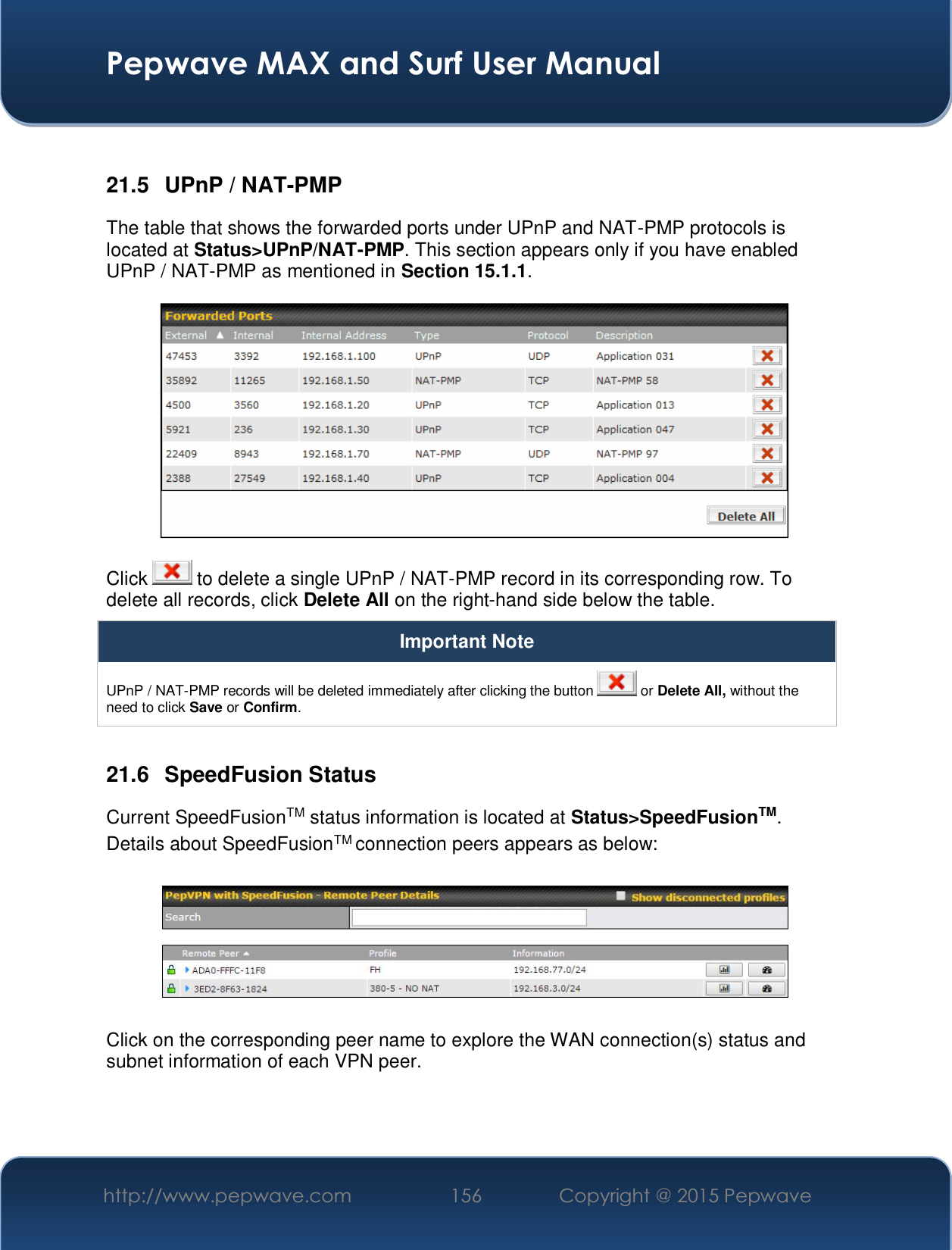  Pepwave MAX and Surf User Manual http://www.pepwave.com  156    Copyright @ 2015 Pepwave    21.5  UPnP / NAT-PMP The table that shows the forwarded ports under UPnP and NAT-PMP protocols is located at Status&gt;UPnP/NAT-PMP. This section appears only if you have enabled UPnP / NAT-PMP as mentioned in Section 15.1.1.  Click   to delete a single UPnP / NAT-PMP record in its corresponding row. To delete all records, click Delete All on the right-hand side below the table. Important Note UPnP / NAT-PMP records will be deleted immediately after clicking the button   or Delete All, without the need to click Save or Confirm.  21.6 SpeedFusion Status Current SpeedFusionTM status information is located at Status&gt;SpeedFusionTM. Details about SpeedFusionTM connection peers appears as below:    Click on the corresponding peer name to explore the WAN connection(s) status and subnet information of each VPN peer. 