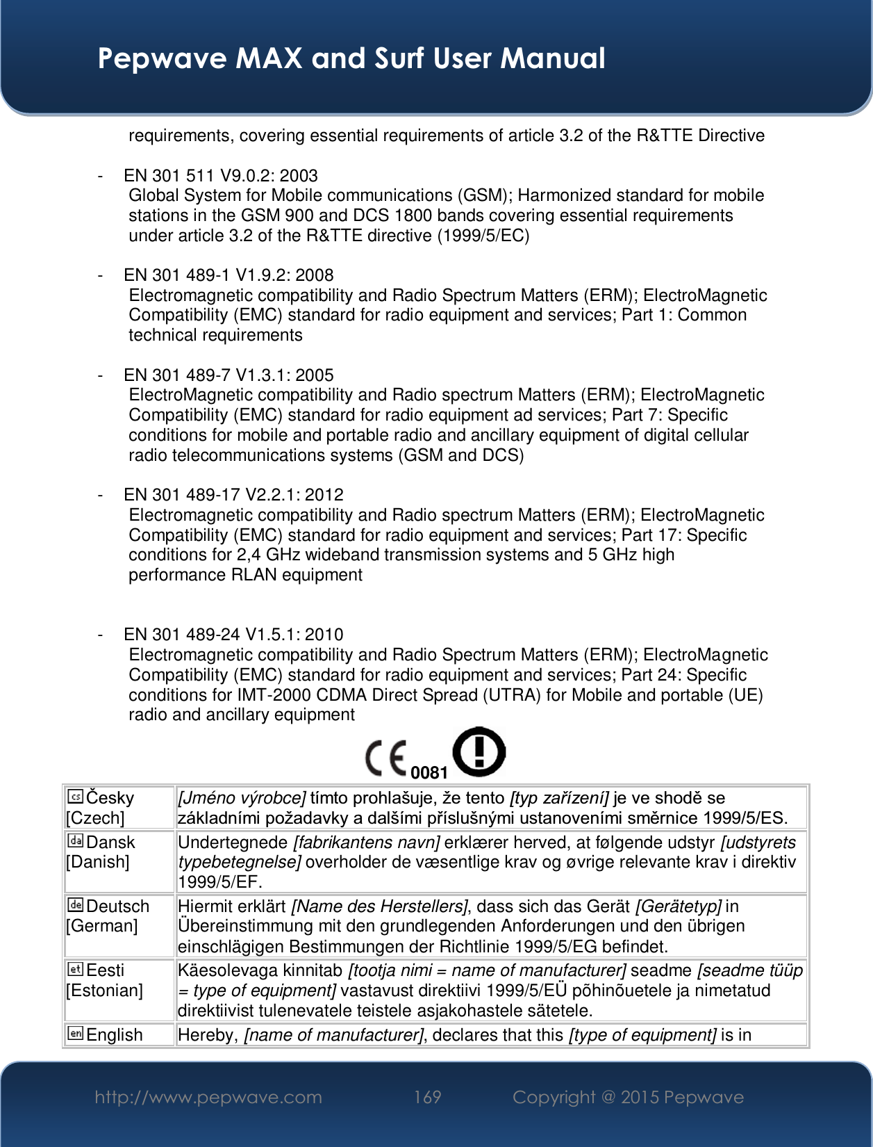  Pepwave MAX and Surf User Manual http://www.pepwave.com  169    Copyright @ 2015 Pepwave   requirements, covering essential requirements of article 3.2 of the R&amp;TTE Directive  -  EN 301 511 V9.0.2: 2003 Global System for Mobile communications (GSM); Harmonized standard for mobile stations in the GSM 900 and DCS 1800 bands covering essential requirements under article 3.2 of the R&amp;TTE directive (1999/5/EC)  -  EN 301 489-1 V1.9.2: 2008 Electromagnetic compatibility and Radio Spectrum Matters (ERM); ElectroMagnetic Compatibility (EMC) standard for radio equipment and services; Part 1: Common technical requirements  -  EN 301 489-7 V1.3.1: 2005 ElectroMagnetic compatibility and Radio spectrum Matters (ERM); ElectroMagnetic Compatibility (EMC) standard for radio equipment ad services; Part 7: Specific conditions for mobile and portable radio and ancillary equipment of digital cellular radio telecommunications systems (GSM and DCS)  -  EN 301 489-17 V2.2.1: 2012 Electromagnetic compatibility and Radio spectrum Matters (ERM); ElectroMagnetic Compatibility (EMC) standard for radio equipment and services; Part 17: Specific conditions for 2,4 GHz wideband transmission systems and 5 GHz high performance RLAN equipment   -  EN 301 489-24 V1.5.1: 2010 Electromagnetic compatibility and Radio Spectrum Matters (ERM); ElectroMagnetic Compatibility (EMC) standard for radio equipment and services; Part 24: Specific conditions for IMT-2000 CDMA Direct Spread (UTRA) for Mobile and portable (UE) radio and ancillary equipment 0081  ýHVN\[Czech]  [Jméno výrobce] WtPWRSURKODãXMHåHWHQWR&gt;W\S]DĜt]HQt@ MHYHVKRGČVH]iNODGQtPLSRåDGDYN\DGDOãtPLSĜtVOXãQêPLXVWDQRYHQtPLVPČUQLFH(6 Dansk [Danish]  Undertegnede [fabrikantens navn] erklærer herved, at følgende udstyr [udstyrets typebetegnelse] overholder de væsentlige krav og øvrige relevante krav i direktiv 1999/5/EF. Deutsch [German]  Hiermit erklärt [Name des Herstellers], dass sich das Gerät [Gerätetyp] in Übereinstimmung mit den grundlegenden Anforderungen und den übrigen einschlägigen Bestimmungen der Richtlinie 1999/5/EG befindet. Eesti [Estonian]  Käesolevaga kinnitab [tootja nimi = name of manufacturer] seadme [seadme tüüp = type of equipment] vastavust direktiivi 1999/5/EÜ põhinõuetele ja nimetatud direktiivist tulenevatele teistele asjakohastele sätetele. English Hereby, [name of manufacturer], declares that this [type of equipment] is in 