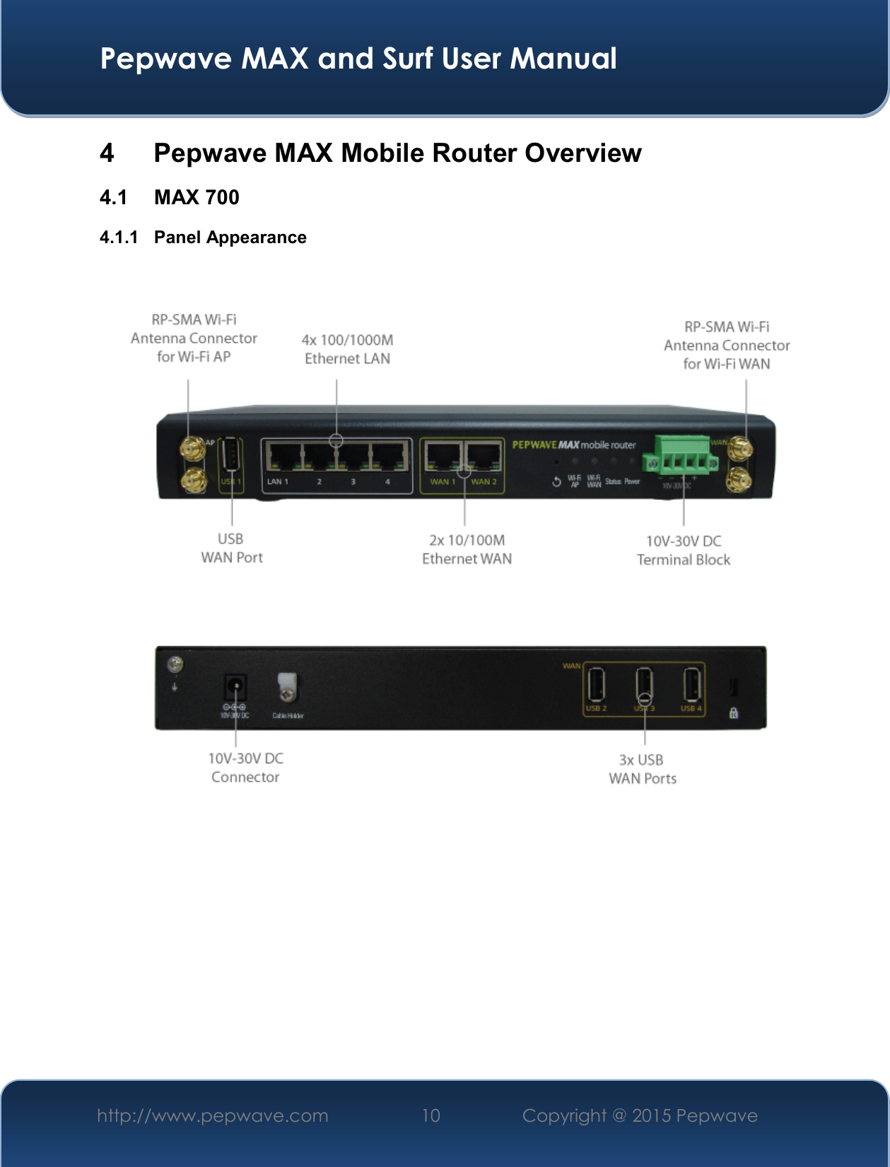  Pepwave MAX and Surf User Manual http://www.pepwave.com 10   Copyright @ 2015 Pepwave   4  Pepwave MAX Mobile Router Overview 4.1  MAX 700 4.1.1  Panel Appearance       