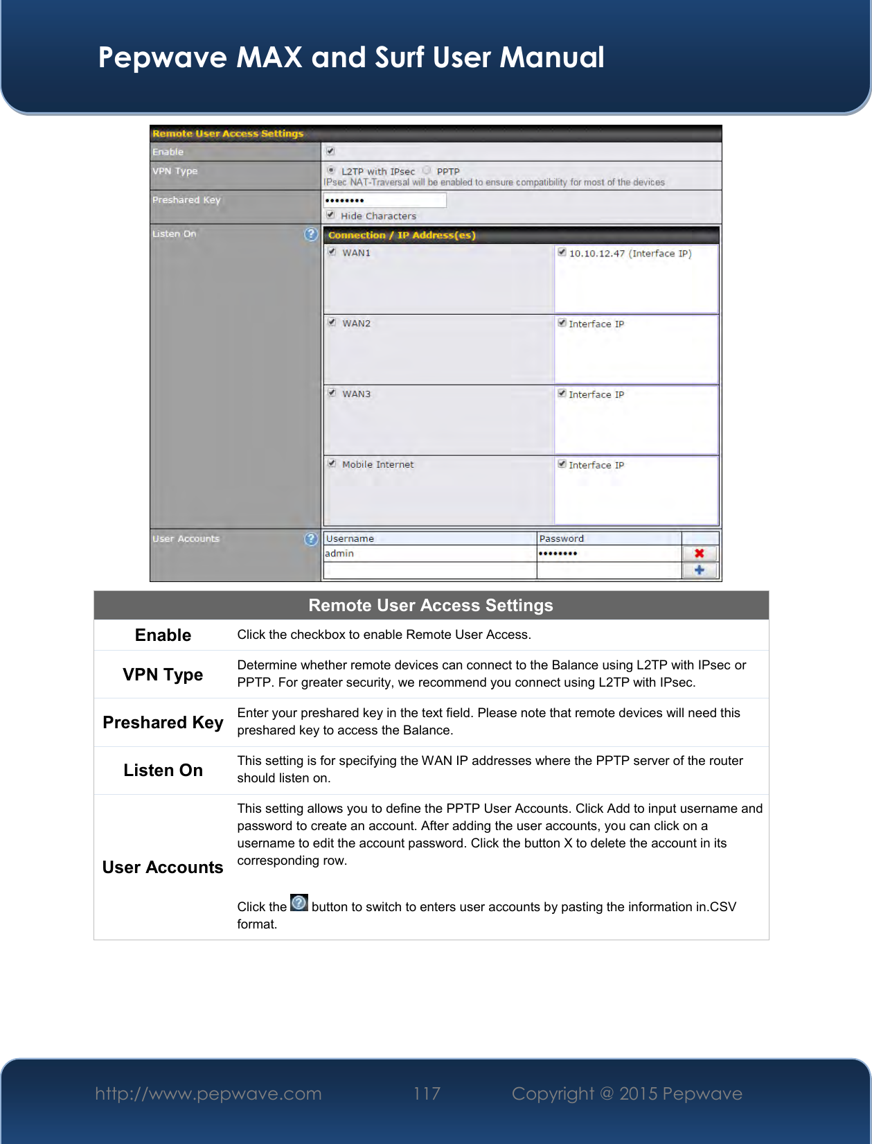  Pepwave MAX and Surf User Manual http://www.pepwave.com 117   Copyright @ 2015 Pepwave    Remote User Access Settings Enable Click the checkbox to enable Remote User Access. VPN Type Determine whether remote devices can connect to the Balance using L2TP with IPsec or PPTP. For greater security, we recommend you connect using L2TP with IPsec. Preshared Key Enter your preshared key in the text field. Please note that remote devices will need this preshared key to access the Balance. Listen On This setting is for specifying the WAN IP addresses where the PPTP server of the router should listen on. User Accounts This setting allows you to define the PPTP User Accounts. Click Add to input username and password to create an account. After adding the user accounts, you can click on a username to edit the account password. Click the button X to delete the account in its corresponding row.  Click the   button to switch to enters user accounts by pasting the information in.CSV format.  