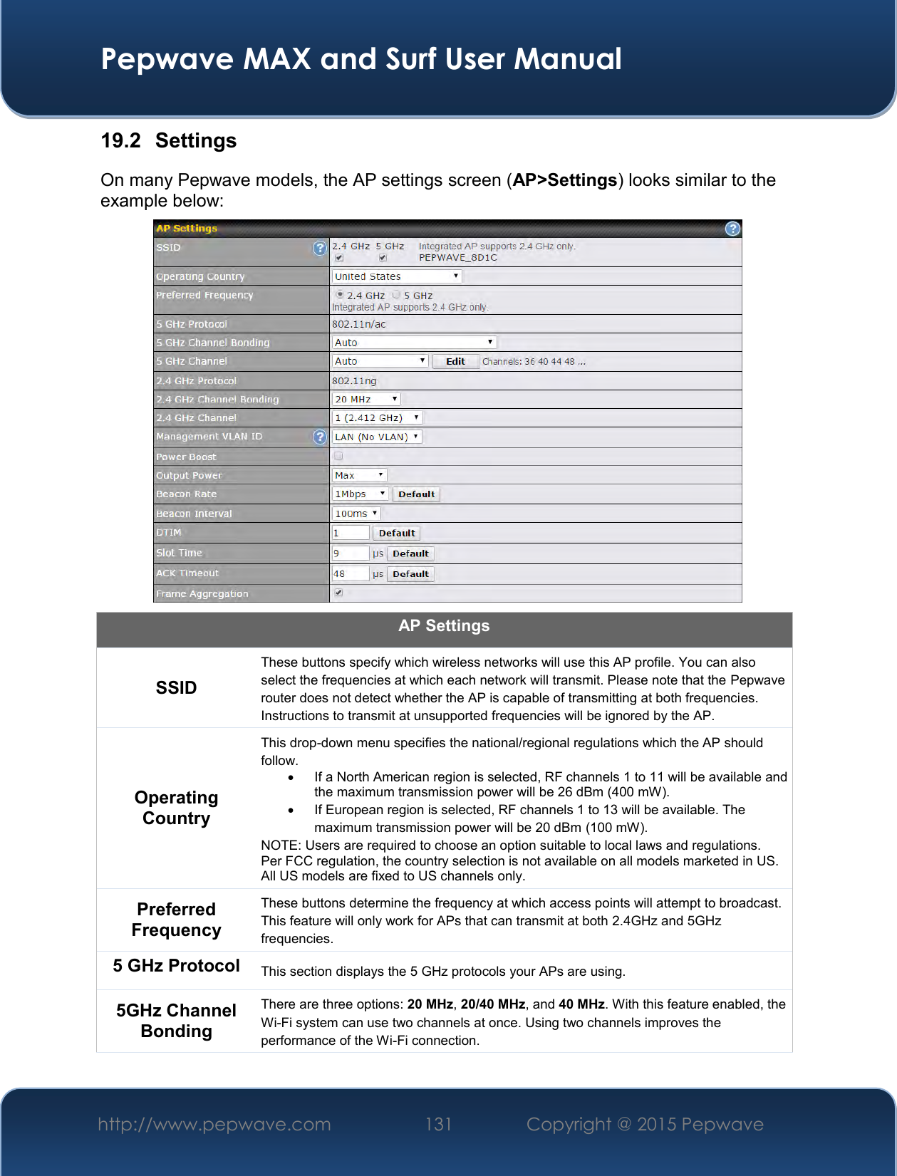  Pepwave MAX and Surf User Manual http://www.pepwave.com 131   Copyright @ 2015 Pepwave   19.2  Settings On many Pepwave models, the AP settings screen (AP&gt;Settings) looks similar to the example below:   AP Settings SSID These buttons specify which wireless networks will use this AP profile. You can also select the frequencies at which each network will transmit. Please note that the Pepwave router does not detect whether the AP is capable of transmitting at both frequencies. Instructions to transmit at unsupported frequencies will be ignored by the AP. Operating Country This drop-down menu specifies the national/regional regulations which the AP should follow.     If a North American region is selected, RF channels 1 to 11 will be available and the maximum transmission power will be 26 dBm (400 mW).     If European region is selected, RF channels 1 to 13 will be available. The maximum transmission power will be 20 dBm (100 mW). NOTE: Users are required to choose an option suitable to local laws and regulations. Per FCC regulation, the country selection is not available on all models marketed in US. All US models are fixed to US channels only. Preferred Frequency These buttons determine the frequency at which access points will attempt to broadcast. This feature will only work for APs that can transmit at both 2.4GHz and 5GHz frequencies. 5 GHz Protocol This section displays the 5 GHz protocols your APs are using. 5GHz Channel Bonding There are three options: 20 MHz, 20/40 MHz, and 40 MHz. With this feature enabled, the Wi-Fi system can use two channels at once. Using two channels improves the performance of the Wi-Fi connection.  