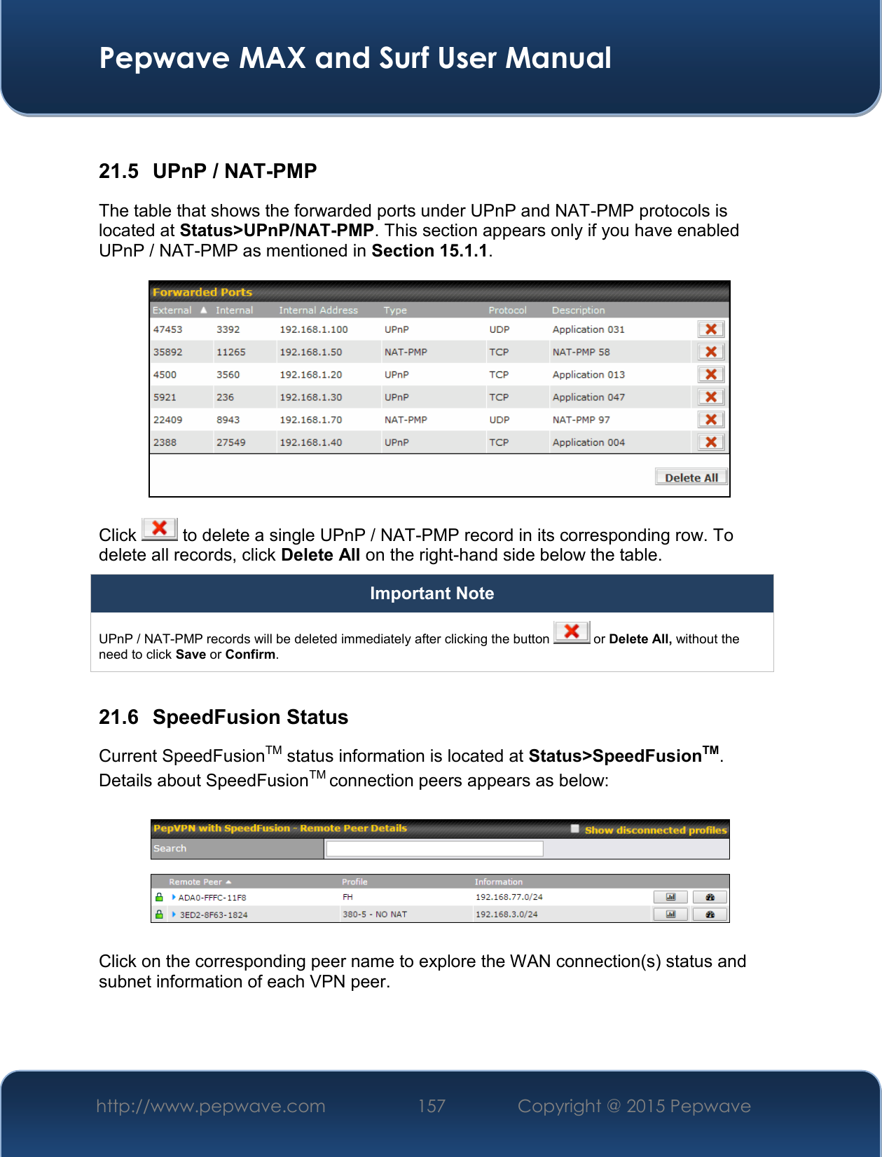  Pepwave MAX and Surf User Manual http://www.pepwave.com 157   Copyright @ 2015 Pepwave    21.5  UPnP / NAT-PMP The table that shows the forwarded ports under UPnP and NAT-PMP protocols is located at Status&gt;UPnP/NAT-PMP. This section appears only if you have enabled UPnP / NAT-PMP as mentioned in Section 15.1.1.  Click   to delete a single UPnP / NAT-PMP record in its corresponding row. To delete all records, click Delete All on the right-hand side below the table. Important Note UPnP / NAT-PMP records will be deleted immediately after clicking the button   or Delete All, without the need to click Save or Confirm.  21.6  SpeedFusion Status Current SpeedFusionTM status information is located at Status&gt;SpeedFusionTM. Details about SpeedFusionTM connection peers appears as below:    Click on the corresponding peer name to explore the WAN connection(s) status and subnet information of each VPN peer. 