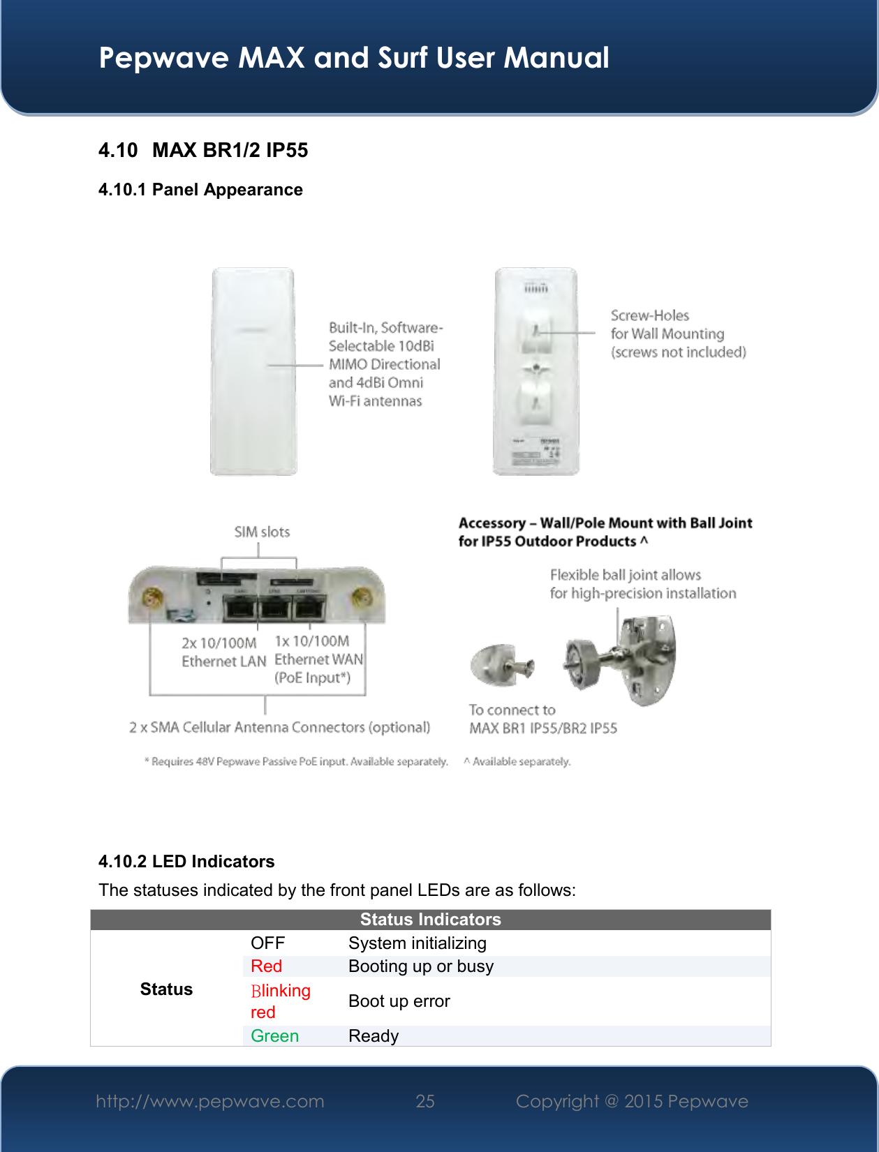  Pepwave MAX and Surf User Manual http://www.pepwave.com 25   Copyright @ 2015 Pepwave   4.10  MAX BR1/2 IP55 4.10.1 Panel Appearance  4.10.2 LED Indicators The statuses indicated by the front panel LEDs are as follows: Status Indicators Status OFF  System initializing Red Booting up or busy Blinking red Boot up error Green Ready  