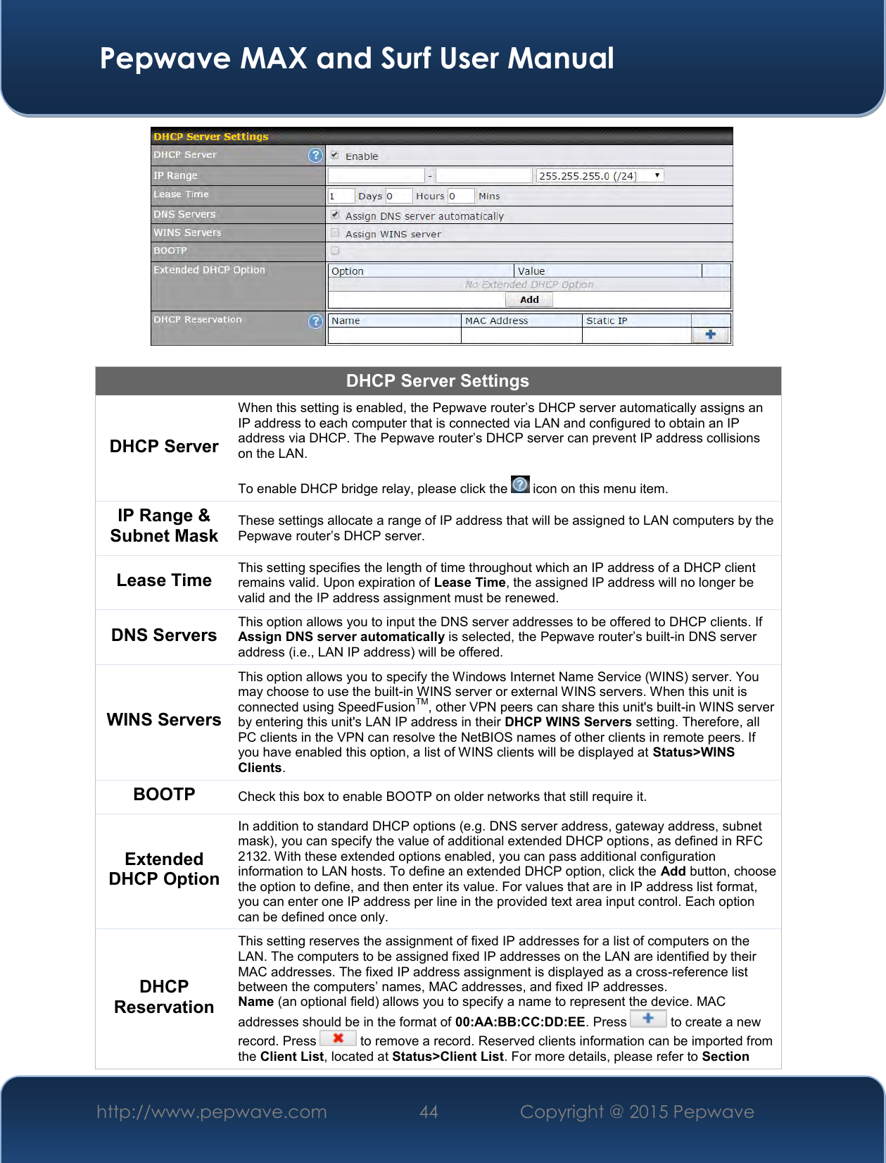  Pepwave MAX and Surf User Manual http://www.pepwave.com 44   Copyright @ 2015 Pepwave     DHCP Server Settings DHCP Server When this setting is enabled, the Pepwave router’s DHCP server automatically assigns an IP address to each computer that is connected via LAN and configured to obtain an IP address via DHCP. The Pepwave router’s DHCP server can prevent IP address collisions on the LAN.   To enable DHCP bridge relay, please click the   icon on this menu item. IP Range &amp; Subnet Mask These settings allocate a range of IP address that will be assigned to LAN computers by the Pepwave router’s DHCP server. Lease Time This setting specifies the length of time throughout which an IP address of a DHCP client remains valid. Upon expiration of Lease Time, the assigned IP address will no longer be valid and the IP address assignment must be renewed. DNS Servers This option allows you to input the DNS server addresses to be offered to DHCP clients. If Assign DNS server automatically is selected, the Pepwave router’s built-in DNS server address (i.e., LAN IP address) will be offered. WINS Servers This option allows you to specify the Windows Internet Name Service (WINS) server. You may choose to use the built-in WINS server or external WINS servers. When this unit is connected using SpeedFusionTM, other VPN peers can share this unit&apos;s built-in WINS server by entering this unit&apos;s LAN IP address in their DHCP WINS Servers setting. Therefore, all PC clients in the VPN can resolve the NetBIOS names of other clients in remote peers. If you have enabled this option, a list of WINS clients will be displayed at Status&gt;WINS Clients. BOOTP Check this box to enable BOOTP on older networks that still require it. Extended DHCP Option In addition to standard DHCP options (e.g. DNS server address, gateway address, subnet mask), you can specify the value of additional extended DHCP options, as defined in RFC 2132. With these extended options enabled, you can pass additional configuration information to LAN hosts. To define an extended DHCP option, click the Add button, choose the option to define, and then enter its value. For values that are in IP address list format, you can enter one IP address per line in the provided text area input control. Each option can be defined once only. DHCP Reservation This setting reserves the assignment of fixed IP addresses for a list of computers on the LAN. The computers to be assigned fixed IP addresses on the LAN are identified by their MAC addresses. The fixed IP address assignment is displayed as a cross-reference list between the computers’ names, MAC addresses, and fixed IP addresses. Name (an optional field) allows you to specify a name to represent the device. MAC addresses should be in the format of 00:AA:BB:CC:DD:EE. Press   to create a new record. Press   to remove a record. Reserved clients information can be imported from the Client List, located at Status&gt;Client List. For more details, please refer to Section 