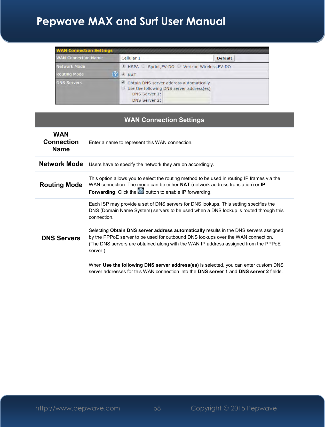  Pepwave MAX and Surf User Manual http://www.pepwave.com 58   Copyright @ 2015 Pepwave     WAN Connection Settings WAN Connection Name Enter a name to represent this WAN connection. Network Mode Users have to specify the network they are on accordingly. Routing Mode This option allows you to select the routing method to be used in routing IP frames via the WAN connection. The mode can be either NAT (network address translation) or IP Forwarding. Click the   button to enable IP forwarding. DNS Servers Each ISP may provide a set of DNS servers for DNS lookups. This setting specifies the DNS (Domain Name System) servers to be used when a DNS lookup is routed through this connection.   Selecting Obtain DNS server address automatically results in the DNS servers assigned by the PPPoE server to be used for outbound DNS lookups over the WAN connection.  (The DNS servers are obtained along with the WAN IP address assigned from the PPPoE server.)   When Use the following DNS server address(es) is selected, you can enter custom DNS server addresses for this WAN connection into the DNS server 1 and DNS server 2 fields.             