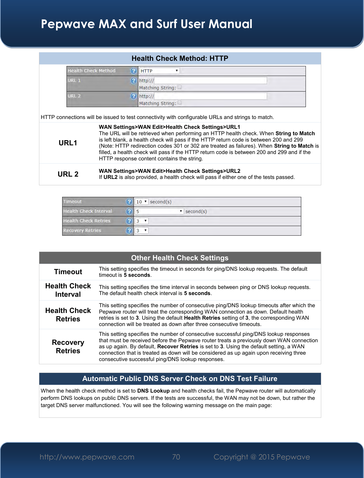  Pepwave MAX and Surf User Manual http://www.pepwave.com 70   Copyright @ 2015 Pepwave   Health Check Method: HTTP  HTTP connections will be issued to test connectivity with configurable URLs and strings to match. URL1 WAN Settings&gt;WAN Edit&gt;Health Check Settings&gt;URL1 The URL will be retrieved when performing an HTTP health check. When String to Match is left blank, a health check will pass if the HTTP return code is between 200 and 299 (Note: HTTP redirection codes 301 or 302 are treated as failures). When String to Match is filled, a health check will pass if the HTTP return code is between 200 and 299 and if the HTTP response content contains the string. URL 2 WAN Settings&gt;WAN Edit&gt;Health Check Settings&gt;URL2 If URL2 is also provided, a health check will pass if either one of the tests passed.    Other Health Check Settings Timeout This setting specifies the timeout in seconds for ping/DNS lookup requests. The default timeout is 5 seconds. Health Check Interval This setting specifies the time interval in seconds between ping or DNS lookup requests. The default health check interval is 5 seconds. Health Check Retries This setting specifies the number of consecutive ping/DNS lookup timeouts after which the Pepwave router will treat the corresponding WAN connection as down. Default health retries is set to 3. Using the default Health Retries setting of 3, the corresponding WAN connection will be treated as down after three consecutive timeouts. Recovery Retries This setting specifies the number of consecutive successful ping/DNS lookup responses that must be received before the Pepwave router treats a previously down WAN connection as up again. By default, Recover Retries is set to 3. Using the default setting, a WAN connection that is treated as down will be considered as up again upon receiving three consecutive successful ping/DNS lookup responses.  Automatic Public DNS Server Check on DNS Test Failure When the health check method is set to DNS Lookup and health checks fail, the Pepwave router will automatically perform DNS lookups on public DNS servers. If the tests are successful, the WAN may not be down, but rather the target DNS server malfunctioned. You will see the following warning message on the main page:  