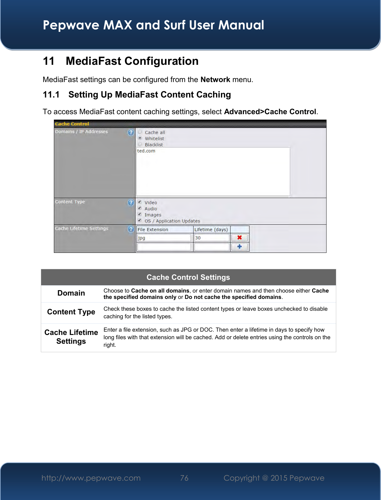  Pepwave MAX and Surf User Manual http://www.pepwave.com 76   Copyright @ 2015 Pepwave   11  MediaFast Configuration MediaFast settings can be configured from the Network menu. 11.1   Setting Up MediaFast Content Caching To access MediaFast content caching settings, select Advanced&gt;Cache Control.   Cache Control Settings Domain Choose to Cache on all domains, or enter domain names and then choose either Cache the specified domains only or Do not cache the specified domains. Content Type Check these boxes to cache the listed content types or leave boxes unchecked to disable caching for the listed types. Cache Lifetime Settings Enter a file extension, such as JPG or DOC. Then enter a lifetime in days to specify how long files with that extension will be cached. Add or delete entries using the controls on the right.         