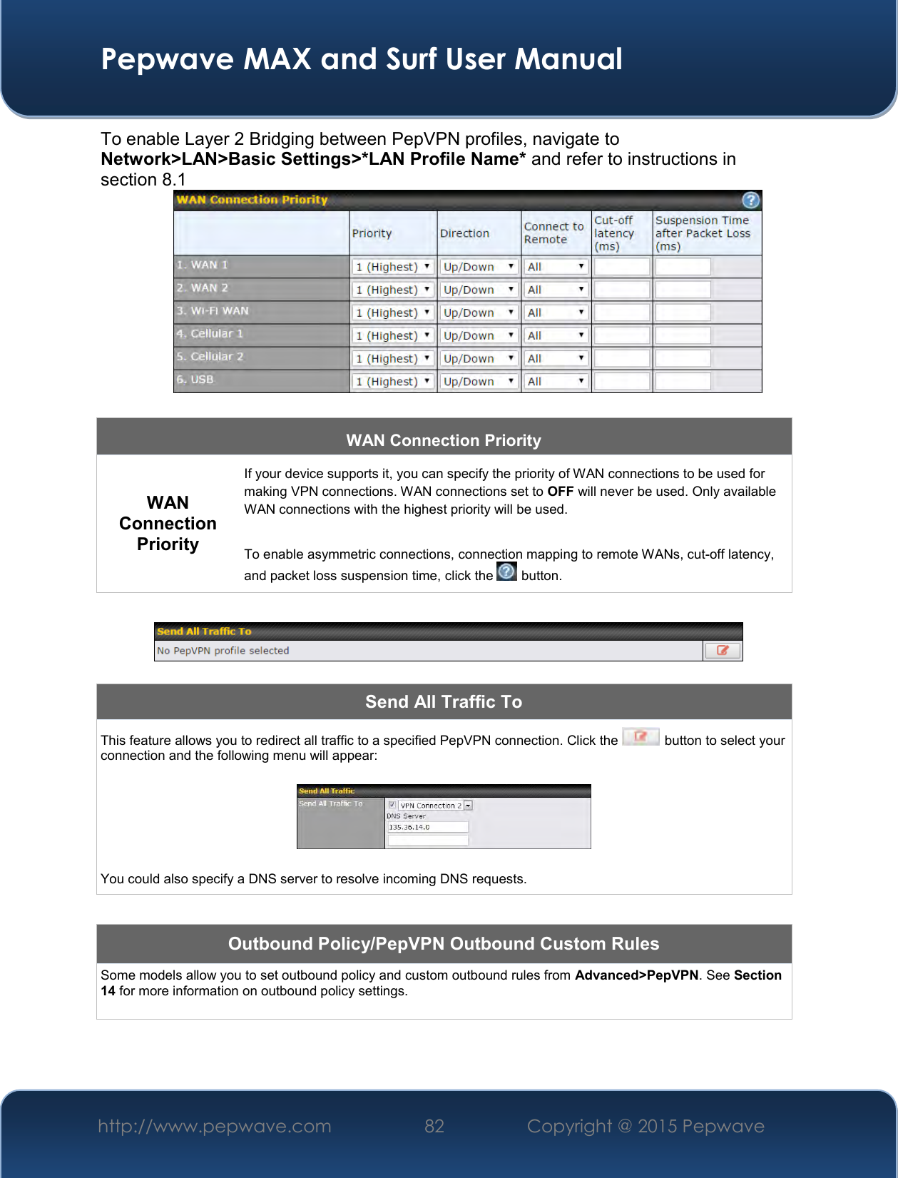  Pepwave MAX and Surf User Manual http://www.pepwave.com 82   Copyright @ 2015 Pepwave   To enable Layer 2 Bridging between PepVPN profiles, navigate to Network&gt;LAN&gt;Basic Settings&gt;*LAN Profile Name* and refer to instructions in section 8.1  8.41   WAN Connection Priority WAN Connection Priority If your device supports it, you can specify the priority of WAN connections to be used for making VPN connections. WAN connections set to OFF will never be used. Only available WAN connections with the highest priority will be used.   To enable asymmetric connections, connection mapping to remote WANs, cut-off latency, and packet loss suspension time, click the   button.    Send All Traffic To This feature allows you to redirect all traffic to a specified PepVPN connection. Click the   button to select your connection and the following menu will appear:    You could also specify a DNS server to resolve incoming DNS requests.  Outbound Policy/PepVPN Outbound Custom Rules Some models allow you to set outbound policy and custom outbound rules from Advanced&gt;PepVPN. See Section 14 for more information on outbound policy settings.   