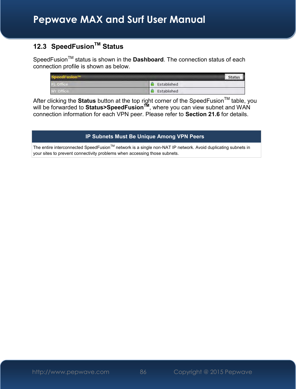 Pepwave MAX and Surf User Manual http://www.pepwave.com 86   Copyright @ 2015 Pepwave   12.3  SpeedFusionTM Status SpeedFusionTM status is shown in the Dashboard. The connection status of each connection profile is shown as below.  After clicking the Status button at the top right corner of the SpeedFusionTM table, you will be forwarded to Status&gt;SpeedFusionTM, where you can view subnet and WAN connection information for each VPN peer. Please refer to Section 21.6 for details.  IP Subnets Must Be Unique Among VPN Peers The entire interconnected SpeedFusionTM network is a single non-NAT IP network. Avoid duplicating subnets in your sites to prevent connectivity problems when accessing those subnets.    