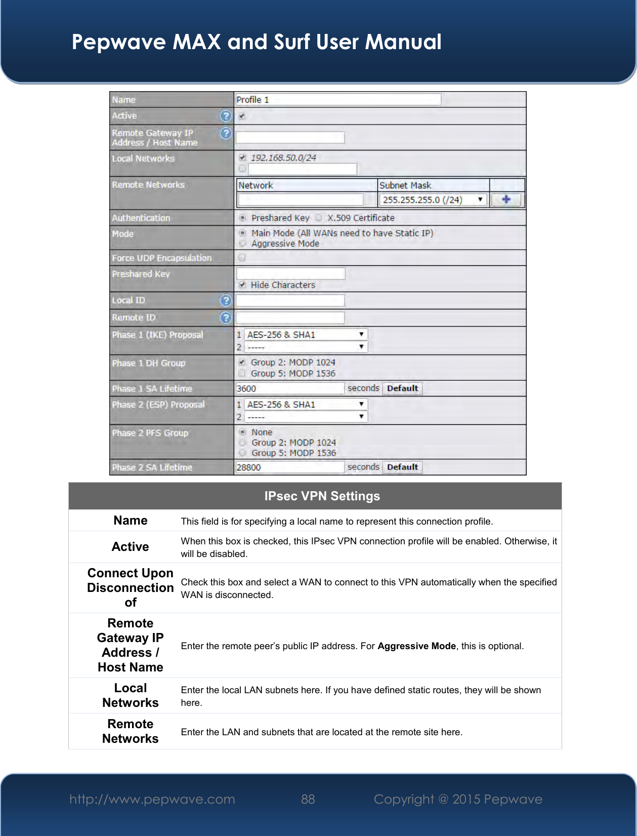  Pepwave MAX and Surf User Manual http://www.pepwave.com 88   Copyright @ 2015 Pepwave    IPsec VPN Settings Name This field is for specifying a local name to represent this connection profile.  Active When this box is checked, this IPsec VPN connection profile will be enabled. Otherwise, it will be disabled. Connect Upon Disconnection of Check this box and select a WAN to connect to this VPN automatically when the specified WAN is disconnected. Remote Gateway IP Address / Host Name Enter the remote peer’s public IP address. For Aggressive Mode, this is optional. Local Networks Enter the local LAN subnets here. If you have defined static routes, they will be shown here. Remote Networks  Enter the LAN and subnets that are located at the remote site here. 