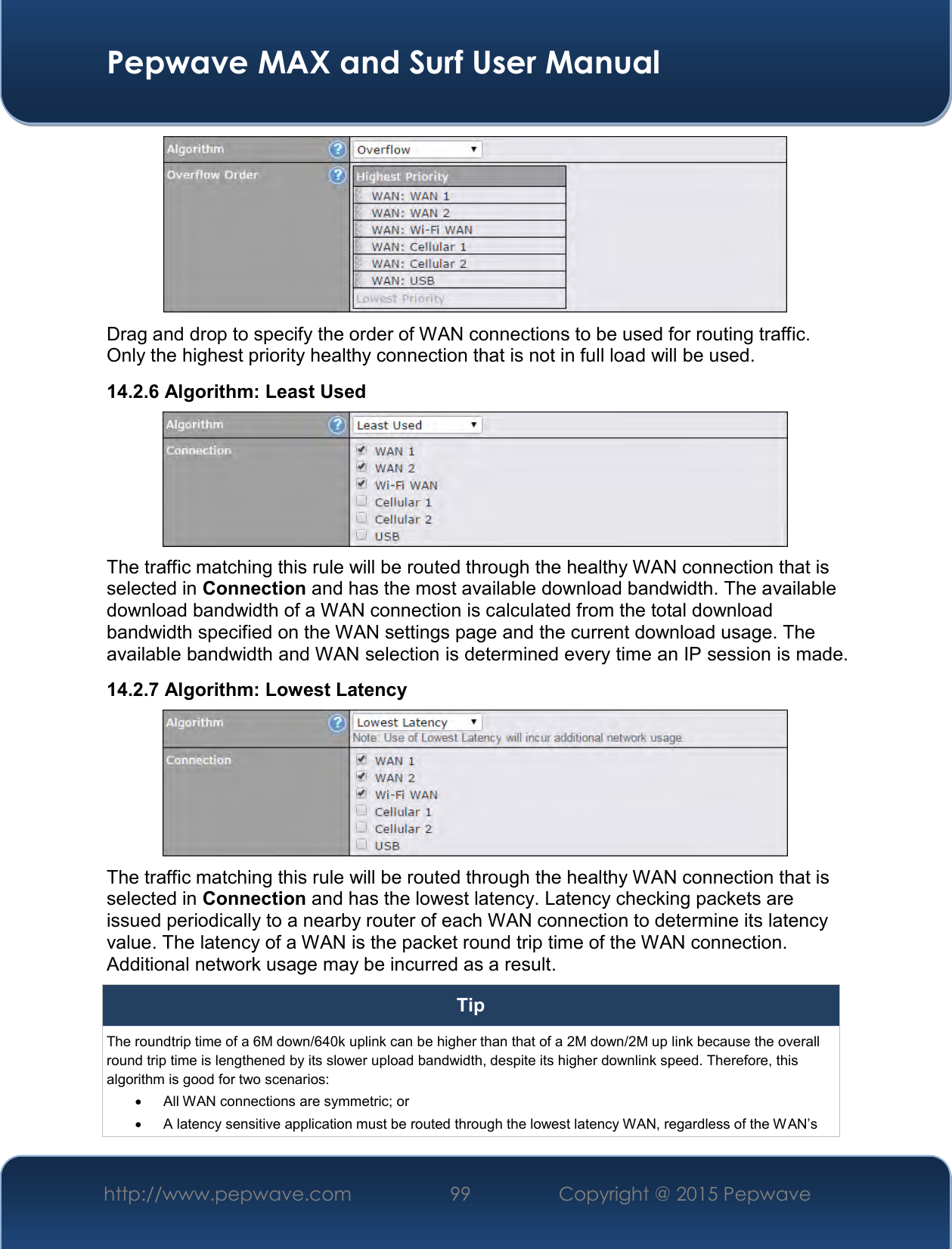  Pepwave MAX and Surf User Manual http://www.pepwave.com 99   Copyright @ 2015 Pepwave    Drag and drop to specify the order of WAN connections to be used for routing traffic. Only the highest priority healthy connection that is not in full load will be used. 14.2.6 Algorithm: Least Used  The traffic matching this rule will be routed through the healthy WAN connection that is selected in Connection and has the most available download bandwidth. The available download bandwidth of a WAN connection is calculated from the total download bandwidth specified on the WAN settings page and the current download usage. The available bandwidth and WAN selection is determined every time an IP session is made. 14.2.7 Algorithm: Lowest Latency  The traffic matching this rule will be routed through the healthy WAN connection that is selected in Connection and has the lowest latency. Latency checking packets are issued periodically to a nearby router of each WAN connection to determine its latency value. The latency of a WAN is the packet round trip time of the WAN connection. Additional network usage may be incurred as a result. Tip The roundtrip time of a 6M down/640k uplink can be higher than that of a 2M down/2M up link because the overall round trip time is lengthened by its slower upload bandwidth, despite its higher downlink speed. Therefore, this algorithm is good for two scenarios:   All WAN connections are symmetric; or   A latency sensitive application must be routed through the lowest latency WAN, regardless of the WAN’s 