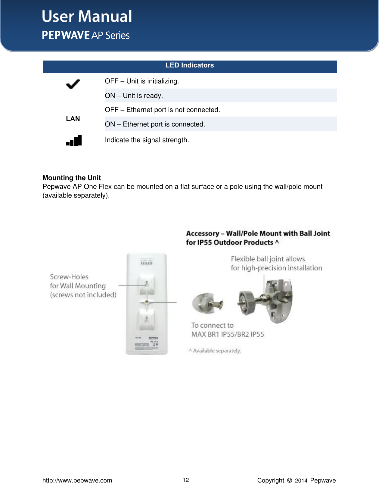 User Manual    http://www.pepwave.com 12 Copyright  ©   2014  Pepwave  LED Indicators  OFF – Unit is initializing. ON – Unit is ready. LAN OFF – Ethernet port is not connected. ON – Ethernet port is connected.  Indicate the signal strength.   Mounting the Unit Pepwave AP One Flex can be mounted on a flat surface or a pole using the wall/pole mount (available separately).                             