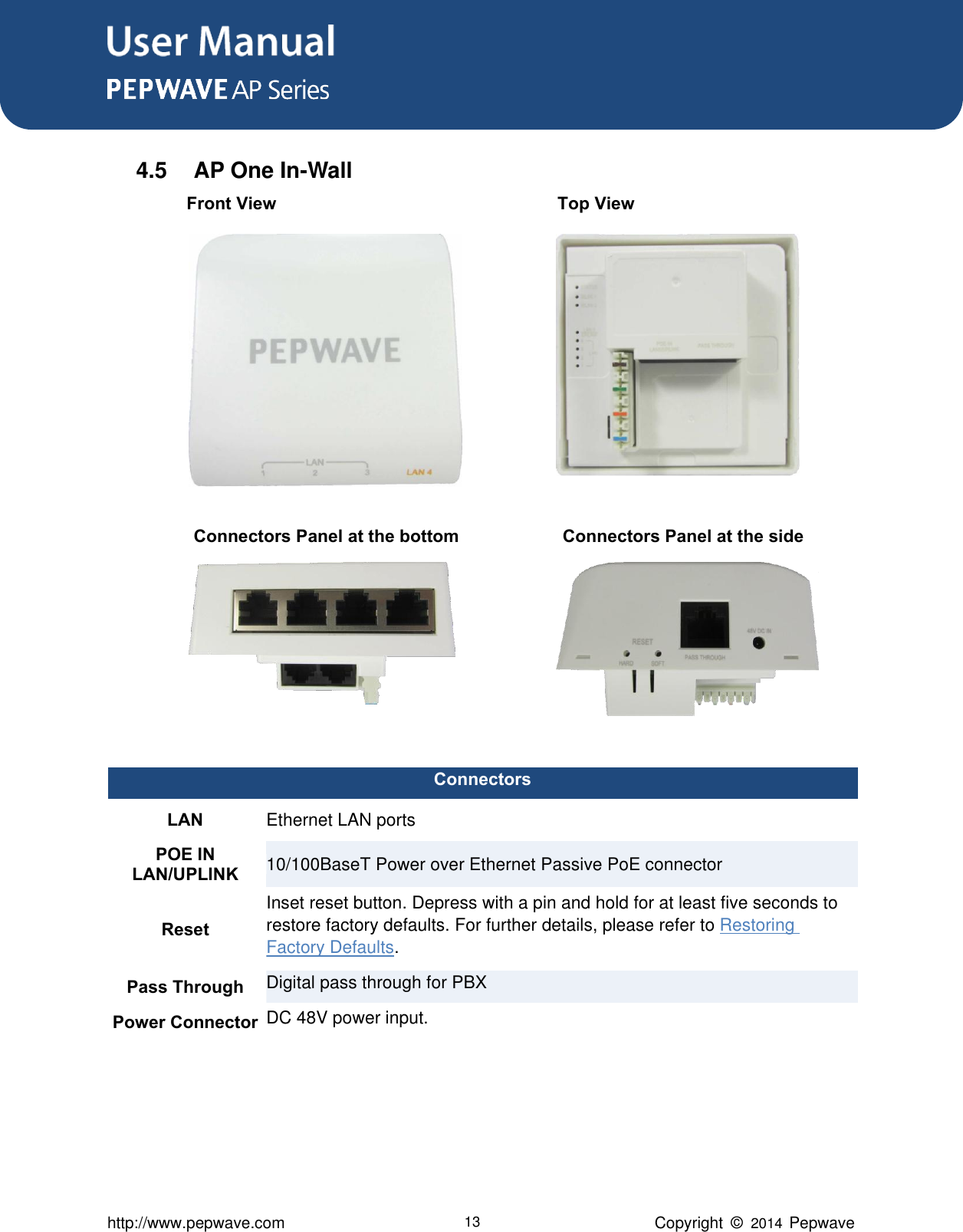 User Manual      http://www.pepwave.com 13 Copyright  ©   2014  Pepwave  4.5  AP One In-Wall   Front View                                                            Top View        Connectors Panel at the bottom              Connectors Panel at the side      Connectors LAN Ethernet LAN ports POE IN LAN/UPLINK 10/100BaseT Power over Ethernet Passive PoE connector Reset Inset reset button. Depress with a pin and hold for at least five seconds to restore factory defaults. For further details, please refer to Restoring Factory Defaults. Pass Through Digital pass through for PBX Power Connector DC 48V power input.     