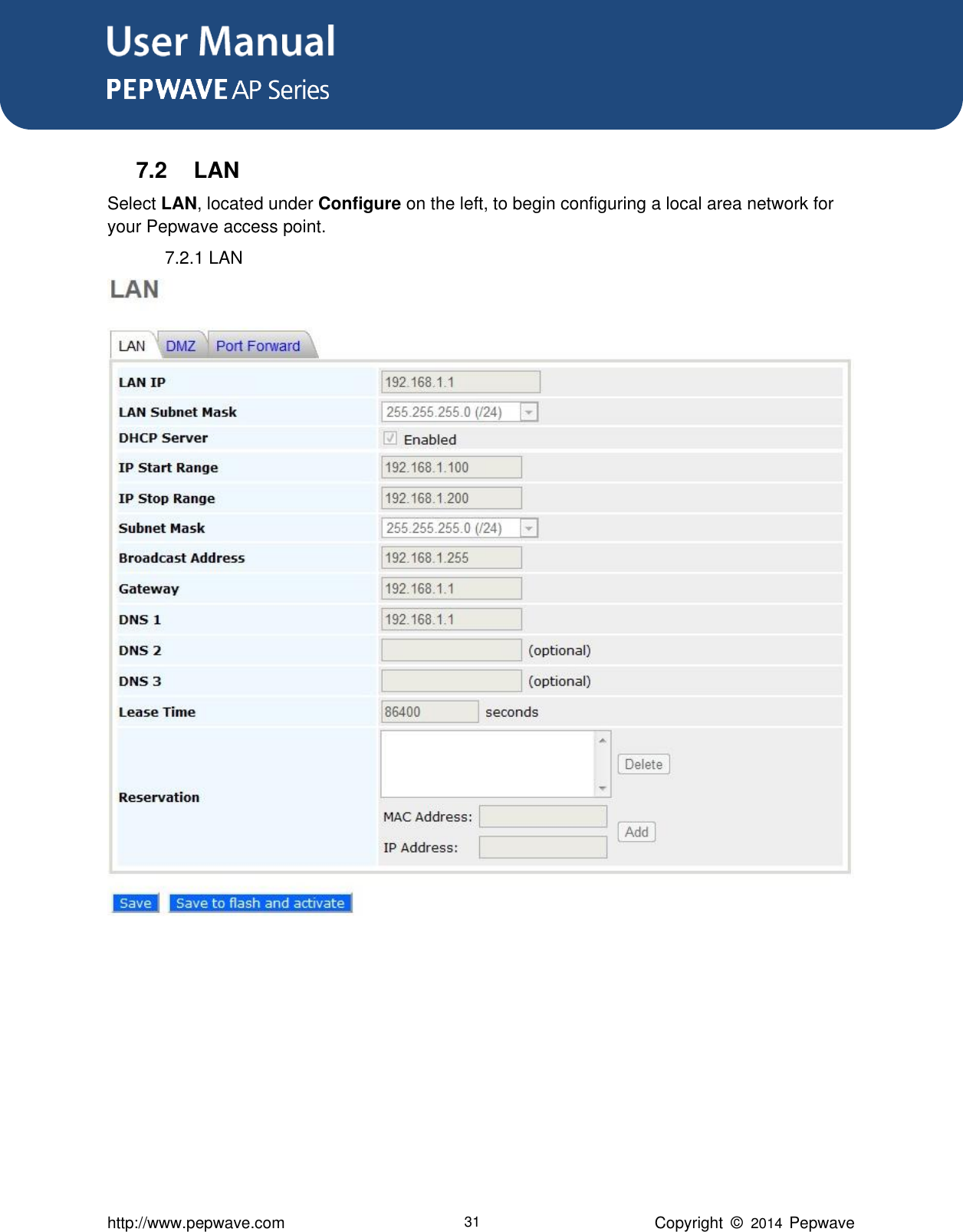 User Manual      http://www.pepwave.com 31 Copyright  ©   2014  Pepwave  7.2  LAN Select LAN, located under Configure on the left, to begin configuring a local area network for your Pepwave access point. 7.2.1 LAN  