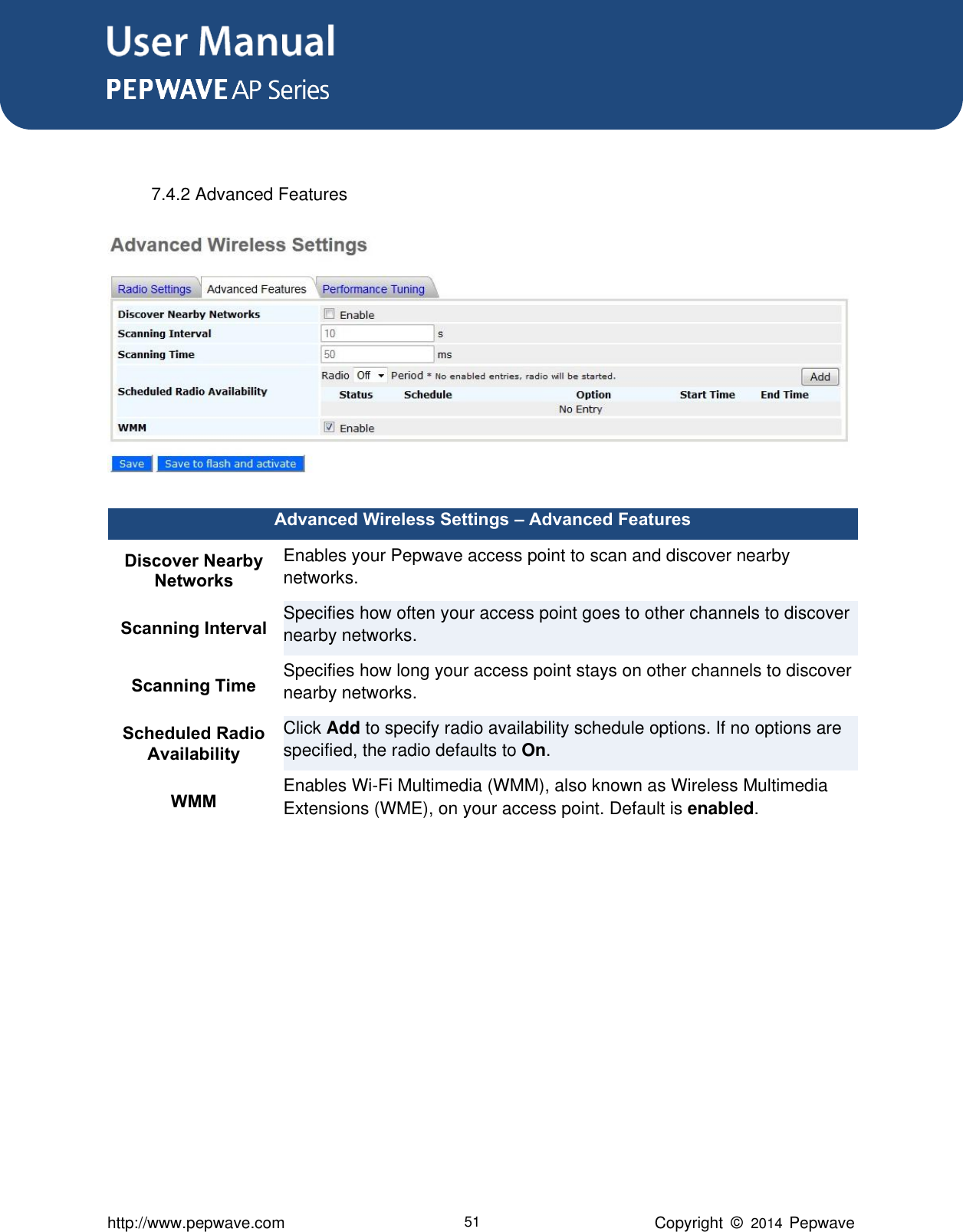 User Manual      http://www.pepwave.com 51 Copyright  ©   2014  Pepwave   7.4.2 Advanced Features    Advanced Wireless Settings – Advanced Features Discover Nearby Networks Enables your Pepwave access point to scan and discover nearby networks. Scanning Interval Specifies how often your access point goes to other channels to discover nearby networks. Scanning Time Specifies how long your access point stays on other channels to discover nearby networks. Scheduled Radio Availability Click Add to specify radio availability schedule options. If no options are specified, the radio defaults to On. WMM Enables Wi-Fi Multimedia (WMM), also known as Wireless Multimedia Extensions (WME), on your access point. Default is enabled.  