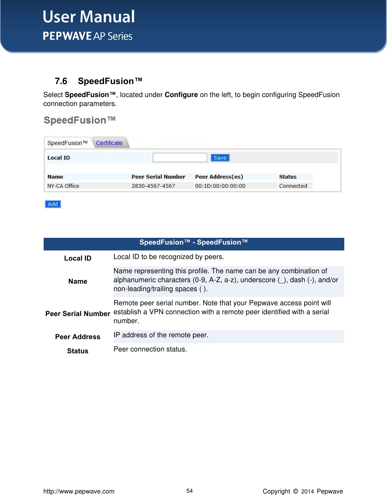 User Manual    http://www.pepwave.com 54 Copyright  ©   2014  Pepwave   7.6  SpeedFusion™ Select SpeedFusion™, located under Configure on the left, to begin configuring SpeedFusion connection parameters.   SpeedFusion™ - SpeedFusion™ Local ID Local ID to be recognized by peers.   Name Name representing this profile. The name can be any combination of alphanumeric characters (0-9, A-Z, a-z), underscore (_), dash (-), and/or non-leading/trailing spaces ( ). Peer Serial Number Remote peer serial number. Note that your Pepwave access point will establish a VPN connection with a remote peer identified with a serial number. Peer Address IP address of the remote peer. Status Peer connection status.  