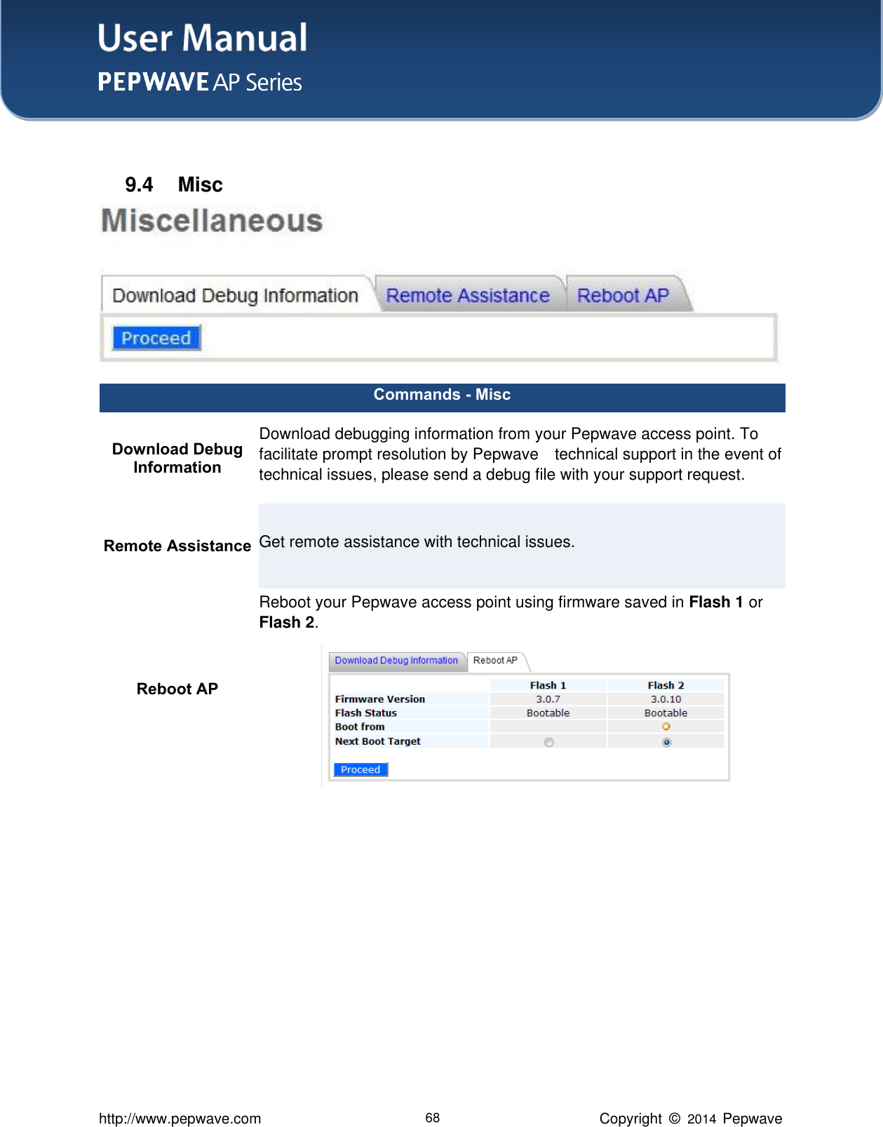 User Manual    http://www.pepwave.com 68 Copyright  ©   2014  Pepwave   9.4  Misc  Commands - Misc Download Debug Information Download debugging information from your Pepwave access point. To facilitate prompt resolution by Pepwave    technical support in the event of technical issues, please send a debug file with your support request.   Remote Assistance Get remote assistance with technical issues. Reboot AP Reboot your Pepwave access point using firmware saved in Flash 1 or Flash 2.    