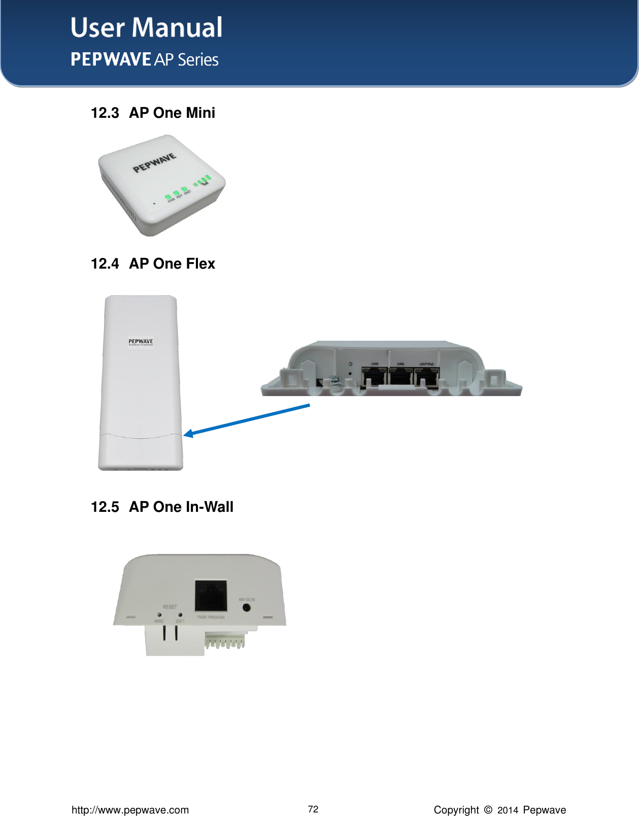 User Manual    http://www.pepwave.com 72 Copyright  ©   2014  Pepwave  12.3  AP One Mini         12.4  AP One Flex             12.5  AP One In-Wall          