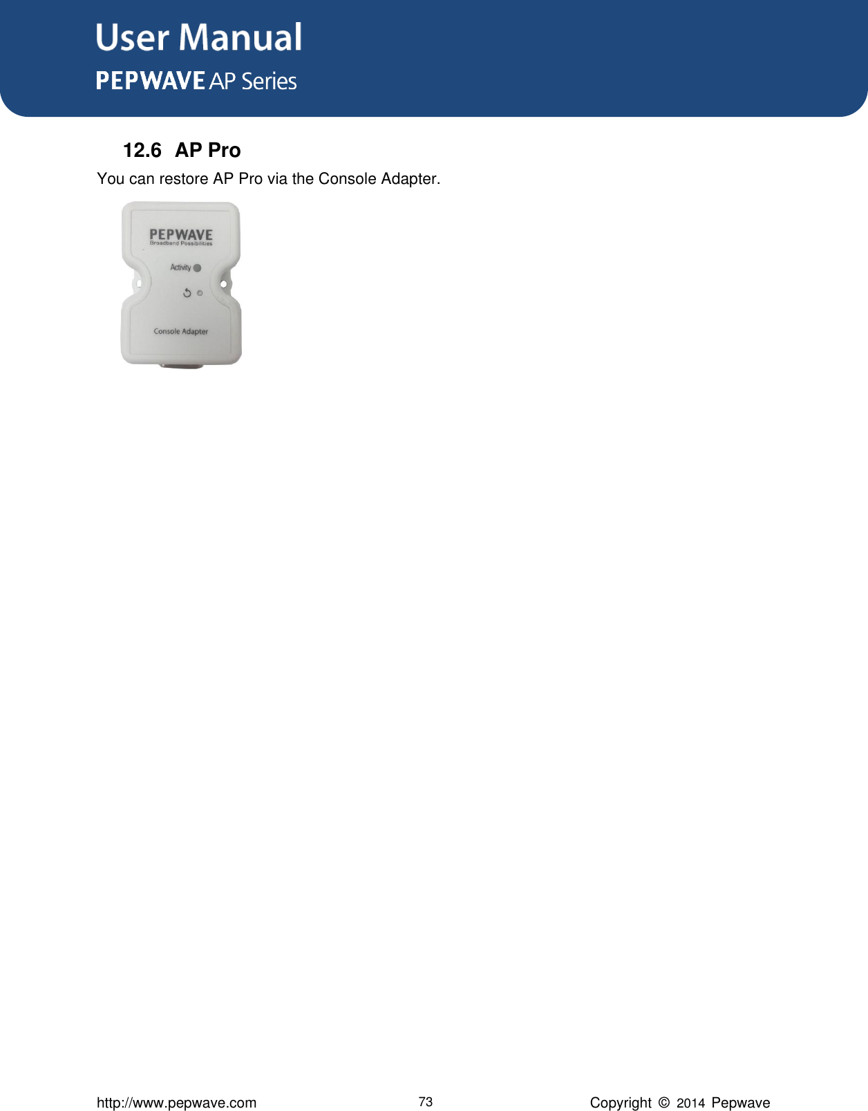 User Manual      http://www.pepwave.com 73 Copyright  ©   2014  Pepwave  12.6  AP Pro   You can restore AP Pro via the Console Adapter.          