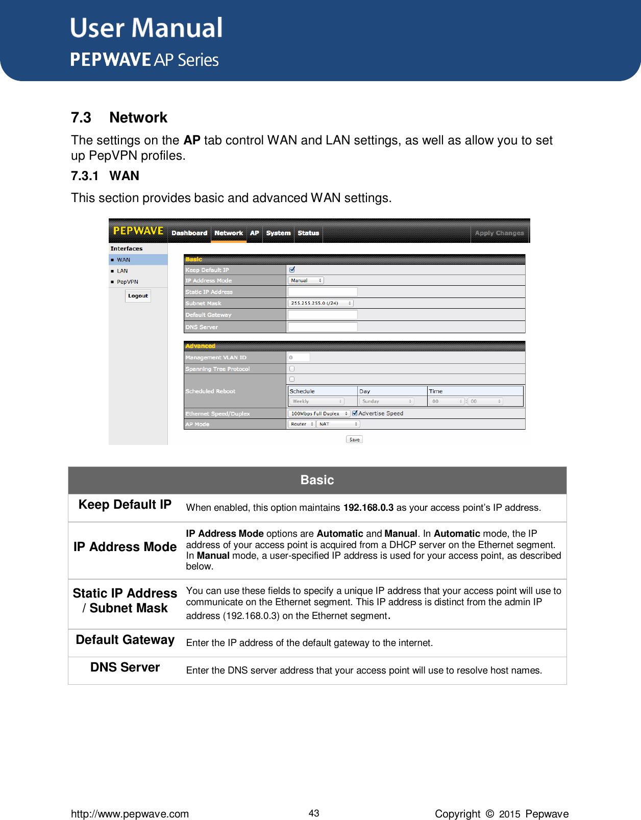 User Manual      http://www.pepwave.com 43 Copyright  ©  2015  Pepwave  7.3  Network The settings on the AP tab control WAN and LAN settings, as well as allow you to set up PepVPN profiles. 7.3.1  WAN This section provides basic and advanced WAN settings.  Basic Keep Default IP When enabled, this option maintains 192.168.0.3 as your access point’s IP address. IP Address Mode IP Address Mode options are Automatic and Manual. In Automatic mode, the IP address of your access point is acquired from a DHCP server on the Ethernet segment. In Manual mode, a user-specified IP address is used for your access point, as described below. Static IP Address / Subnet Mask You can use these fields to specify a unique IP address that your access point will use to communicate on the Ethernet segment. This IP address is distinct from the admin IP address (192.168.0.3) on the Ethernet segment. Default Gateway Enter the IP address of the default gateway to the internet.   DNS Server Enter the DNS server address that your access point will use to resolve host names.     