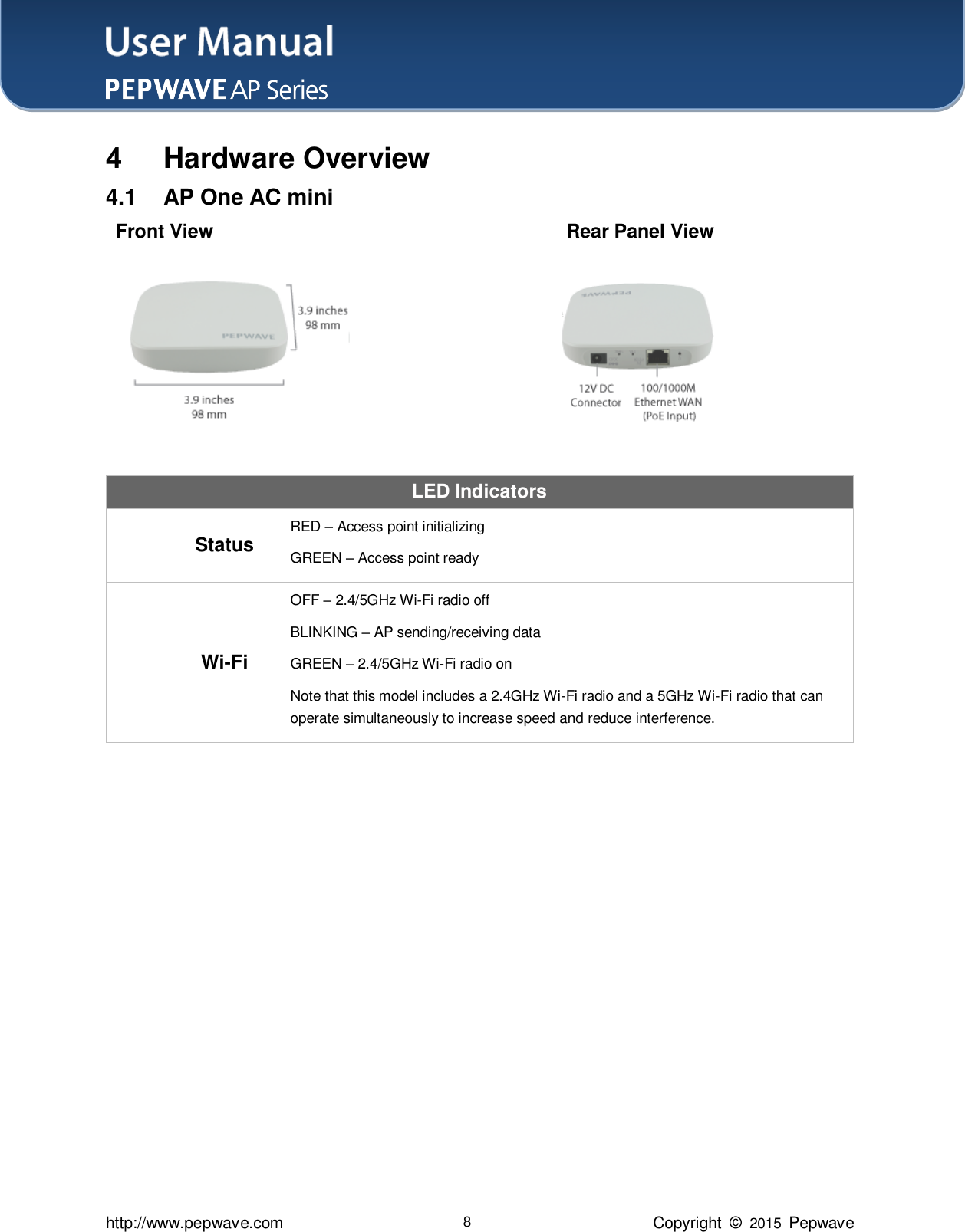 User Manual    http://www.pepwave.com 8 Copyright  ©  2015  Pepwave 4 Hardware Overview 4.1  AP One AC mini  Front View          Rear Panel View        LED Indicators   Status RED – Access point initializing GREEN – Access point ready  Wi-Fi OFF – 2.4/5GHz Wi-Fi radio off BLINKING – AP sending/receiving data GREEN – 2.4/5GHz Wi-Fi radio on Note that this model includes a 2.4GHz Wi-Fi radio and a 5GHz Wi-Fi radio that can operate simultaneously to increase speed and reduce interference.   