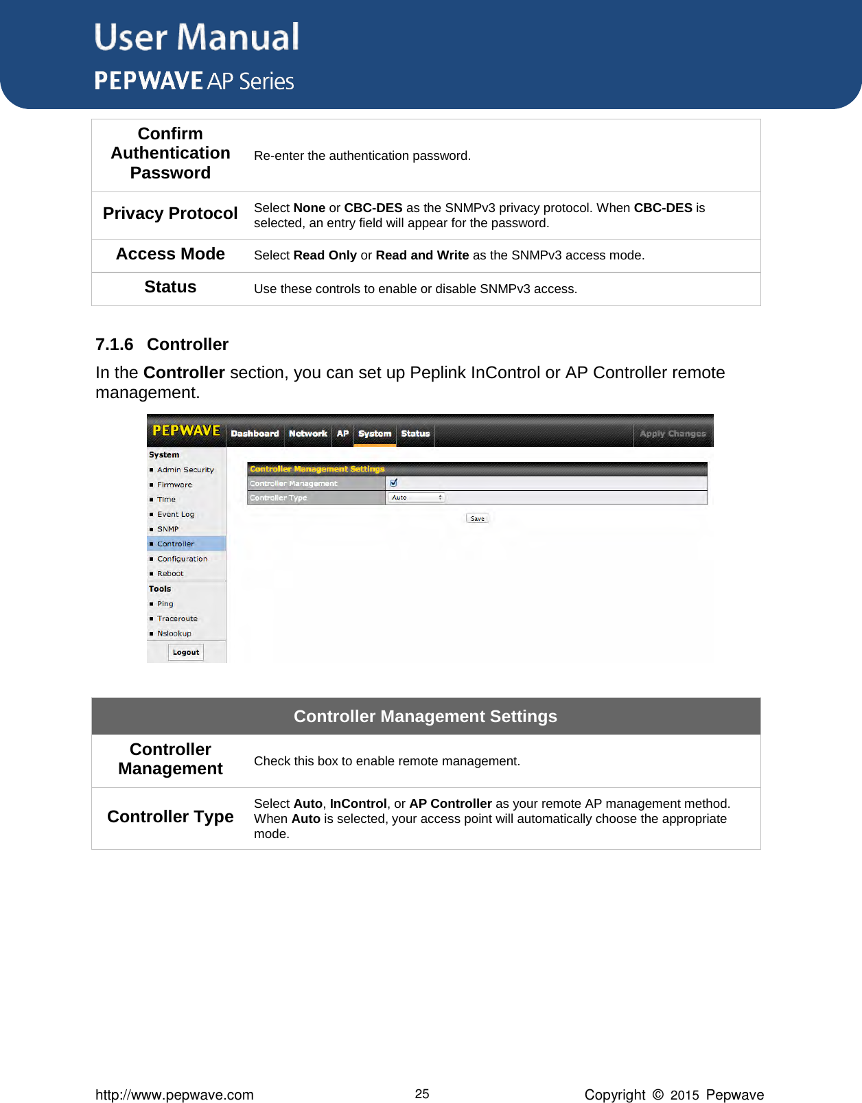 User Manual      http://www.pepwave.com 25 Copyright  ©  2015  Pepwave Confirm Authentication Password Re-enter the authentication password. Privacy Protocol Select None or CBC-DES as the SNMPv3 privacy protocol. When CBC-DES is selected, an entry field will appear for the password.   Access Mode Select Read Only or Read and Write as the SNMPv3 access mode. Status Use these controls to enable or disable SNMPv3 access.  7.1.6 Controller In the Controller section, you can set up Peplink InControl or AP Controller remote management.           Controller Management Settings Controller Management Check this box to enable remote management. Controller Type Select Auto, InControl, or AP Controller as your remote AP management method. When Auto is selected, your access point will automatically choose the appropriate mode.        