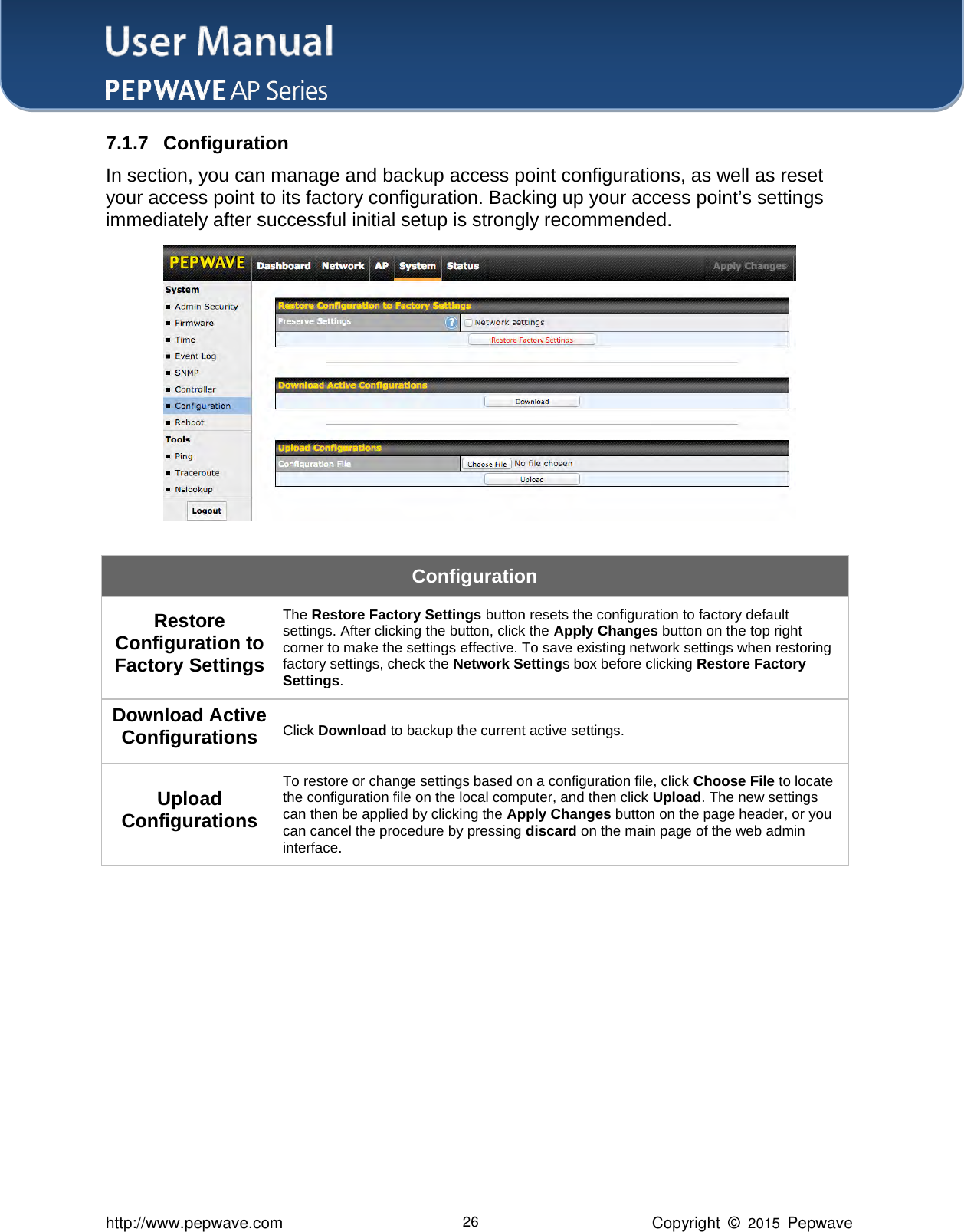 User Manual    http://www.pepwave.com 26 Copyright  ©  2015  Pepwave 7.1.7 Configuration In section, you can manage and backup access point configurations, as well as reset your access point to its factory configuration. Backing up your access point’s settings immediately after successful initial setup is strongly recommended.           Configuration Restore Configuration to Factory Settings The Restore Factory Settings button resets the configuration to factory default settings. After clicking the button, click the Apply Changes button on the top right corner to make the settings effective. To save existing network settings when restoring factory settings, check the Network Settings box before clicking Restore Factory Settings. Download Active Configurations Click Download to backup the current active settings.   Upload Configurations To restore or change settings based on a configuration file, click Choose File to locate the configuration file on the local computer, and then click Upload. The new settings can then be applied by clicking the Apply Changes button on the page header, or you can cancel the procedure by pressing discard on the main page of the web admin interface.          