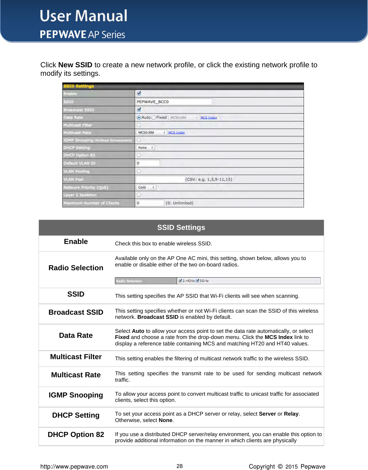 User Manual    http://www.pepwave.com 28 Copyright  ©  2015  Pepwave  Click New SSID to create a new network profile, or click the existing network profile to modify its settings.  SSID Settings Enable Check this box to enable wireless SSID. Radio Selection Available only on the AP One AC mini, this setting, shown below, allows you to enable or disable either of the two on-board radios.   SSID This setting specifies the AP SSID that Wi-Fi clients will see when scanning. Broadcast SSID This setting specifies whether or not Wi-Fi clients can scan the SSID of this wireless network. Broadcast SSID is enabled by default. Data Rate Select Auto to allow your access point to set the data rate automatically, or select Fixed and choose a rate from the drop-down menu. Click the MCS Index link to display a reference table containing MCS and matching HT20 and HT40 values. Multicast Filter This setting enables the filtering of multicast network traffic to the wireless SSID. Multicast Rate This  setting  specifies  the  transmit  rate  to  be  used  for  sending  multicast  network traffic. IGMP Snooping To allow your access point to convert multicast traffic to unicast traffic for associated clients, select this option. DHCP Setting To set your access point as a DHCP server or relay, select Server or Relay. Otherwise, select None. DHCP Option 82 If you use a distributed DHCP server/relay environment, you can enable this option to provide additional information on the manner in which clients are physically 